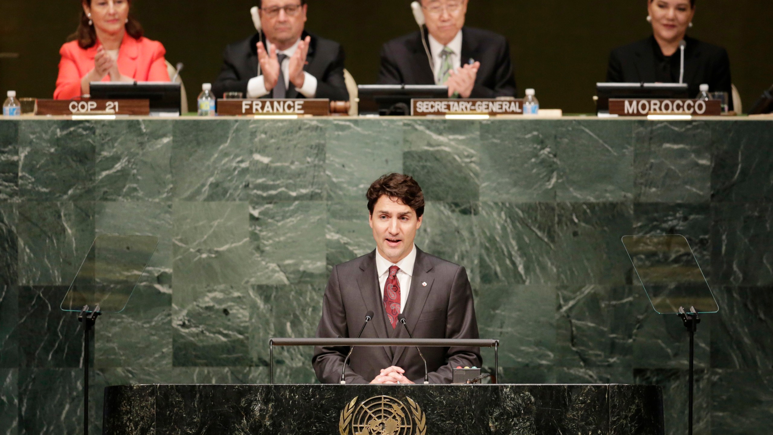 FILE - Justin Trudeau, Prime Minister of Canada, speaks before signing the Paris Agreement on climate change on April 22, 2016, at U.N. headquarters. (AP Photo/Mark Lennihan, File)