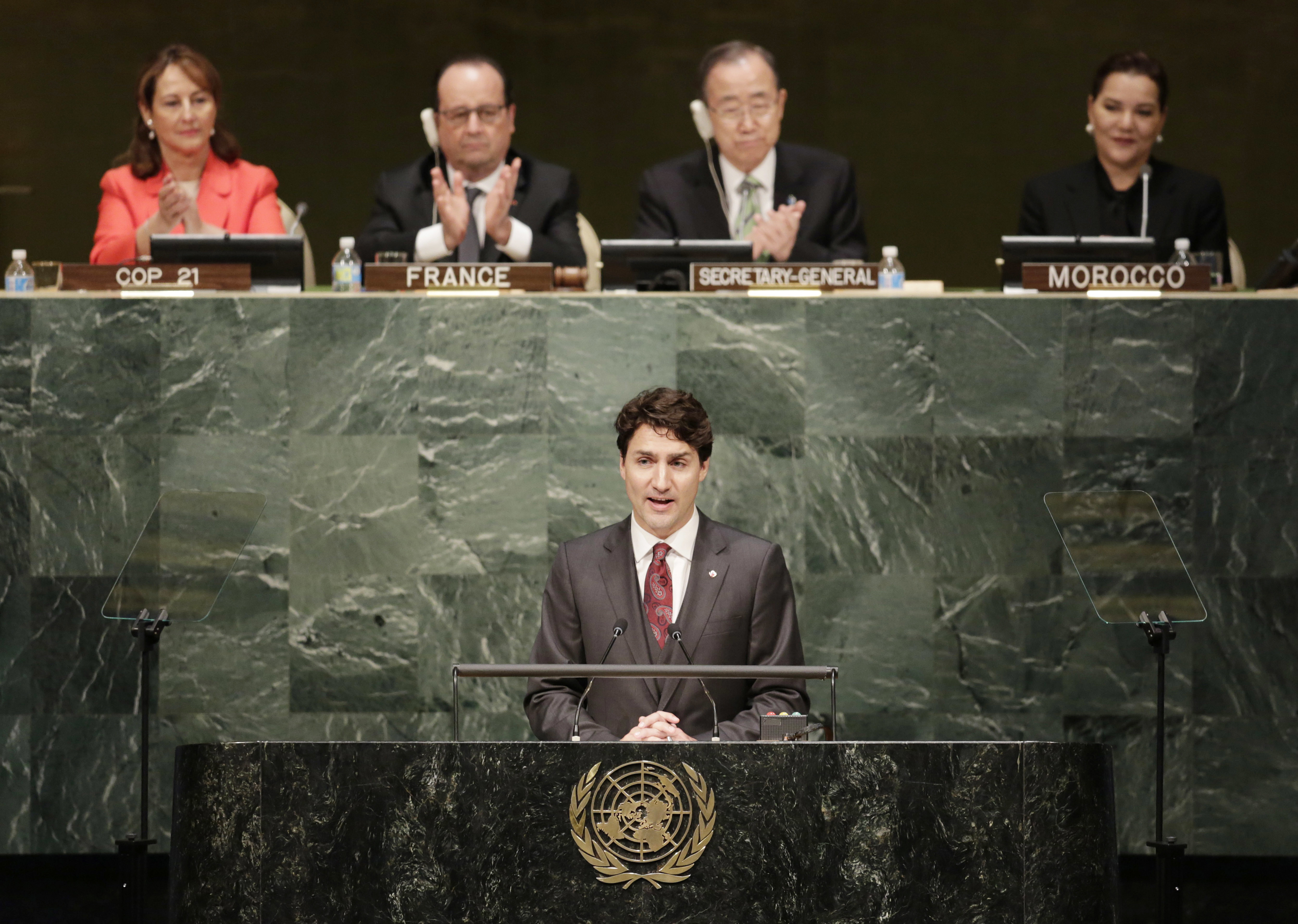 FILE - Justin Trudeau, Prime Minister of Canada, speaks before signing the Paris Agreement on climate change on April 22, 2016, at U.N. headquarters. (AP Photo/Mark Lennihan, File)