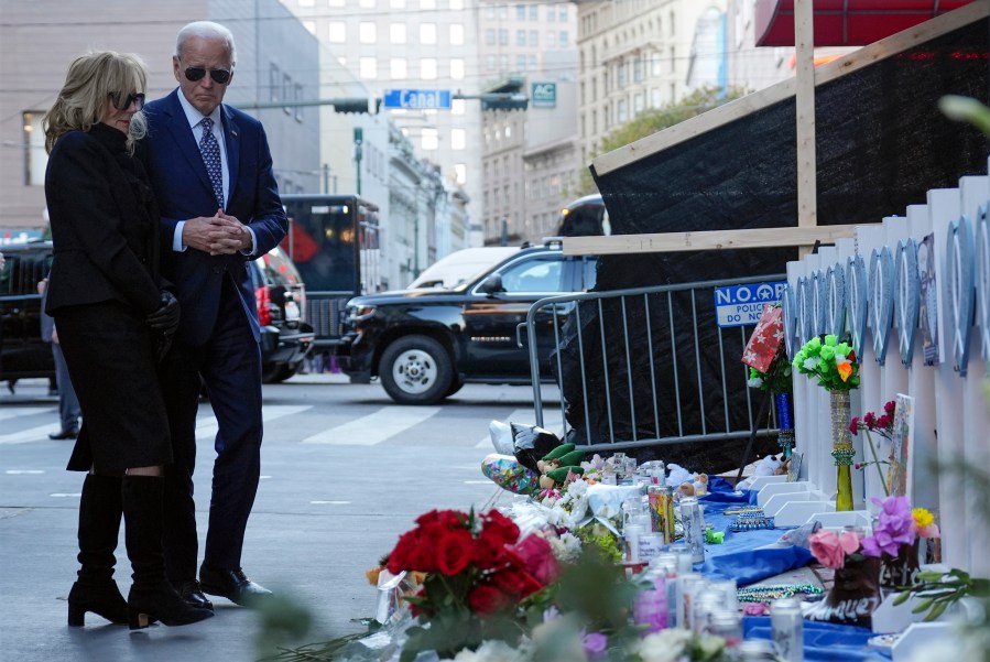 President Joe Biden and first lady Jill Biden stop at the site of the deadly New Years truck attack, in New Orleans, Monday, Jan. 6, 2025. (AP Photo/Stephanie Scarbrough)