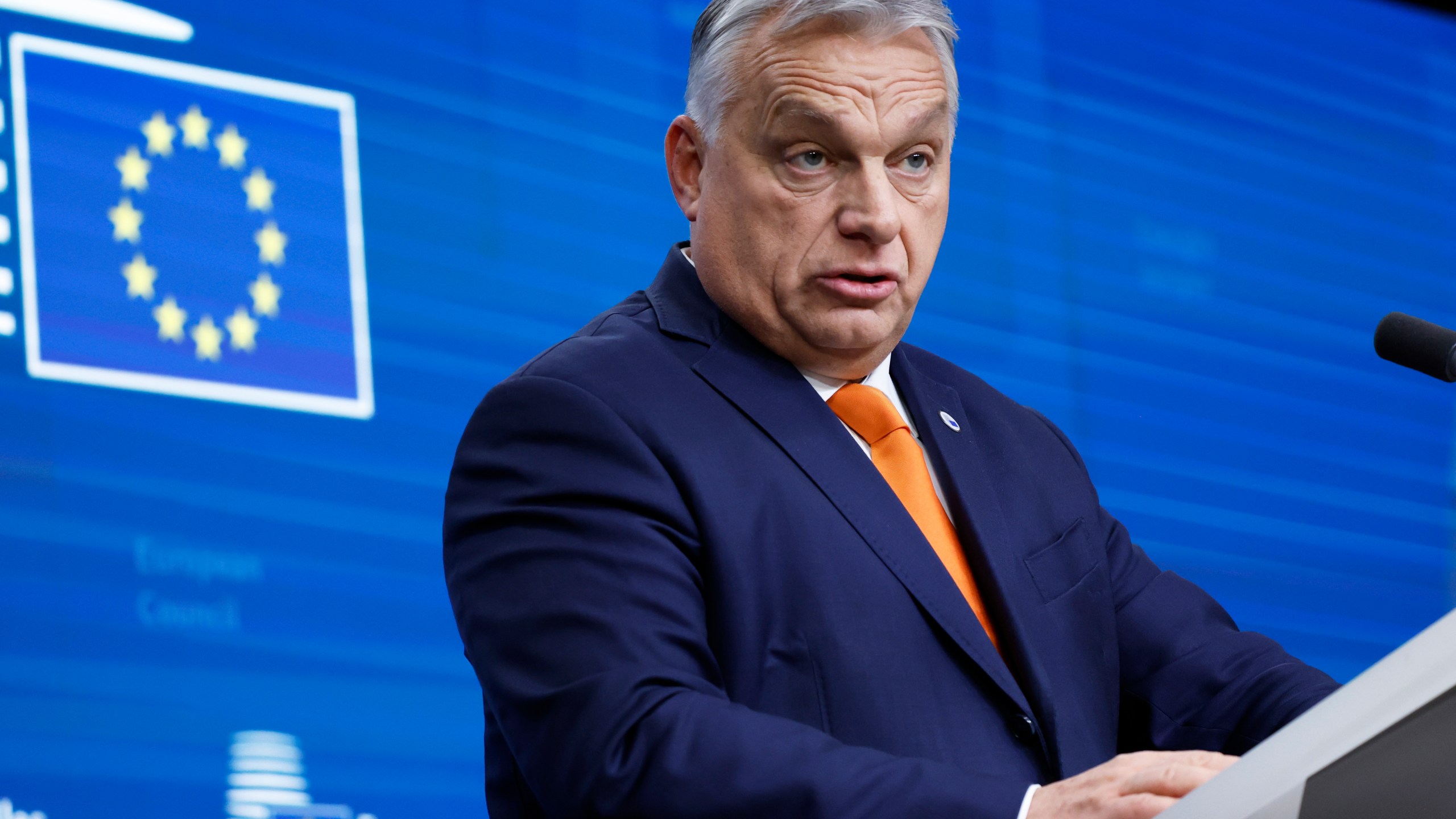 FILE - Hungary's Prime Minister Viktor Orban addresses a media conference at the end of an EU summit in Brussels, Dec. 19, 2024. (AP Photo/Omar Havana)