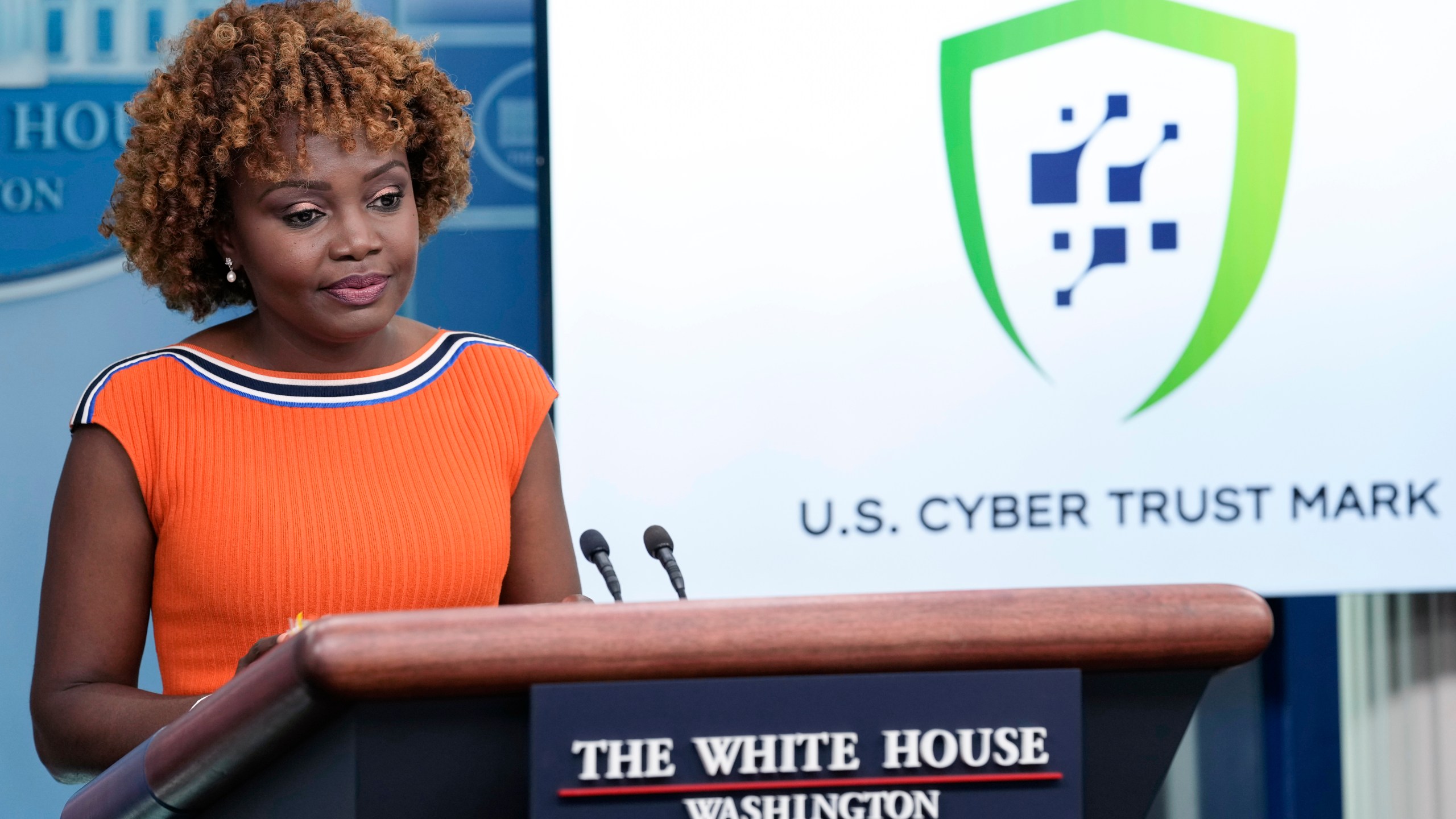 FILE - White House press secretary Karine Jean-Pierre talks about a cybersecurity certification and labeling program at the White House in Washington, July 18, 2023. The federal government is rolling out a consumer labeling system designed to help Americans pick smart devices that are less vulnerable to hacking. Under the voluntary program, called the U.S. Cyber Trust Mark Initiative, manufacturers can affix the label on their products if they meet federal cybersecurity standards. (AP Photo/Susan Walsh, File)