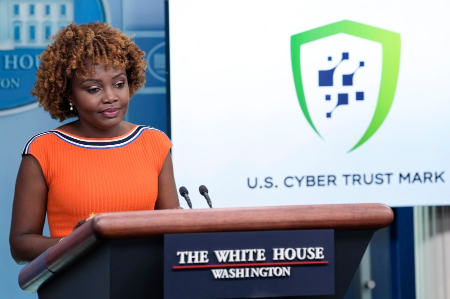 FILE - White House press secretary Karine Jean-Pierre talks about a cybersecurity certification and labeling program at the White House in Washington, July 18, 2023. The federal government is rolling out a consumer labeling system designed to help Americans pick smart devices that are less vulnerable to hacking. Under the voluntary program, called the U.S. Cyber Trust Mark Initiative, manufacturers can affix the label on their products if they meet federal cybersecurity standards. (AP Photo/Susan Walsh, File)