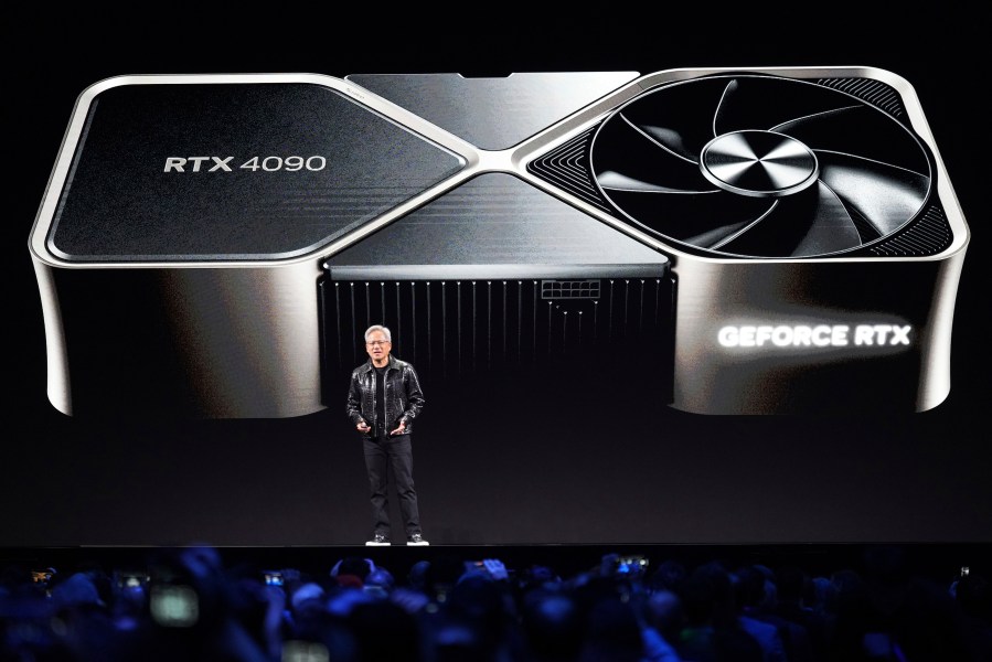 Nvidia founder and CEO Jensen Huang speaks during a Nvidia news conference ahead of the CES tech show Monday, Jan. 6, 2025, in Las Vegas. (AP Photo/Abbie Parr)