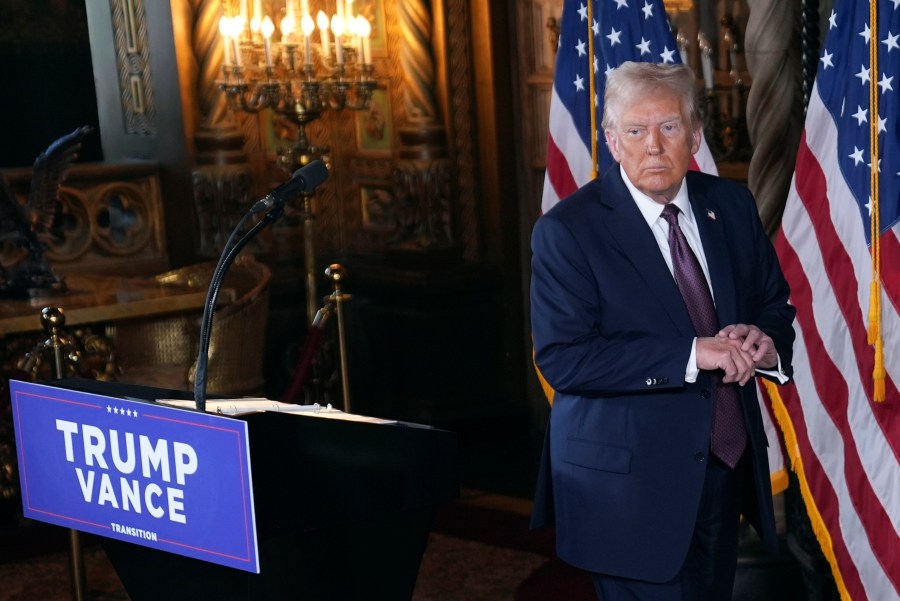 President-elect Donald Trump walks from the podium after a news conference at Mar-a-Lago, Tuesday, Jan. 7, 2025, in Palm Beach, Fla. (AP Photo/Evan Vucci)