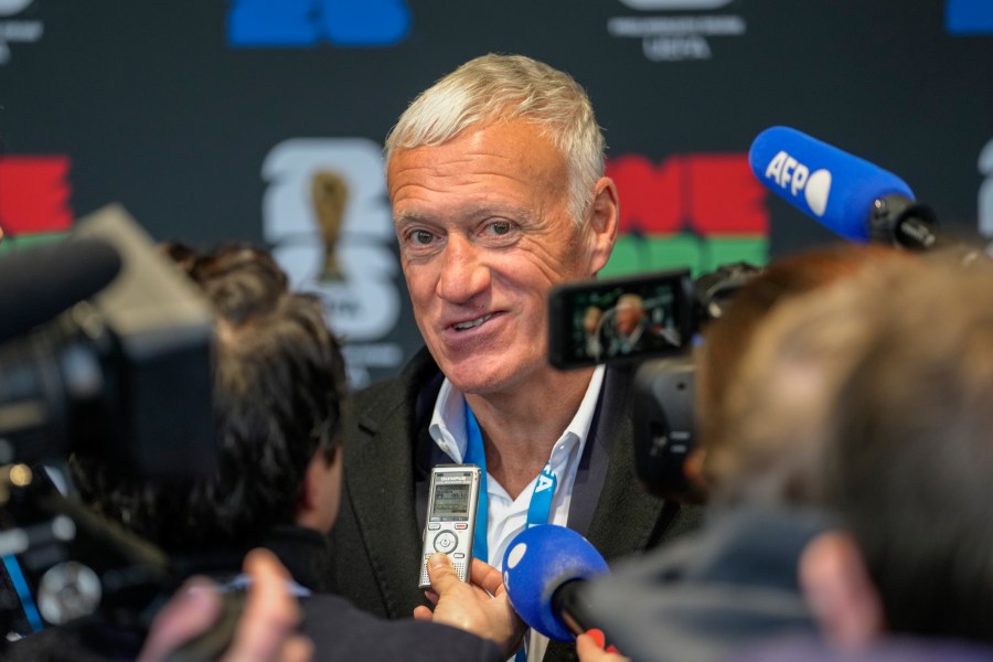 France head coach Didier Deschamps attends the media during the UEFA Preliminary Draw for the 2026 FIFA World Cup at FIFA headquarters in Zurich, Switzerland, Friday, December 13, 2024. (AP Photo/Martin Meissner)