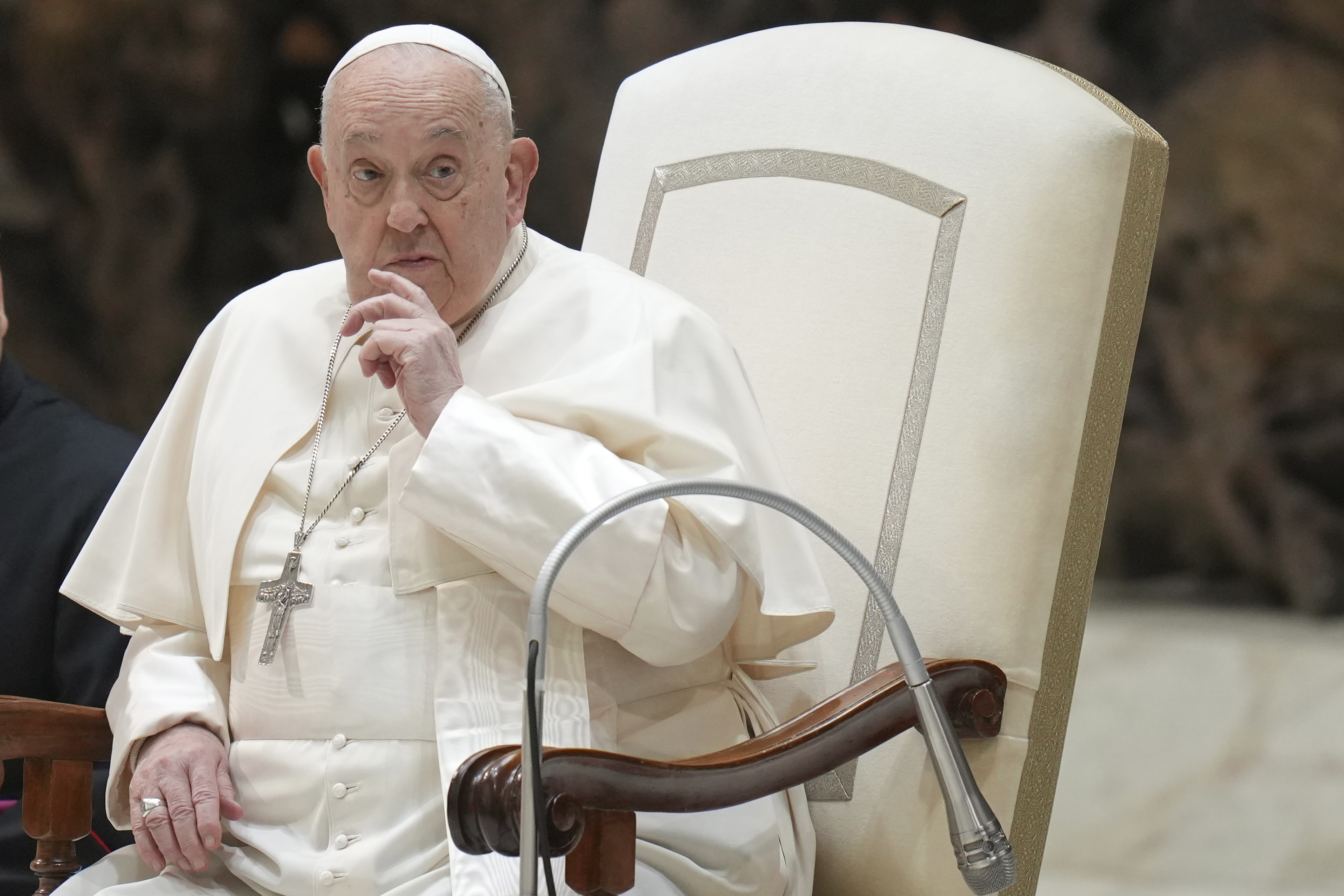 Pope Francis attends his weekly general audience in the Paul VI Hall, at the Vatican, Wednesday, Jan. 8, 2025. (AP Photo/Alessandra Tarantino)