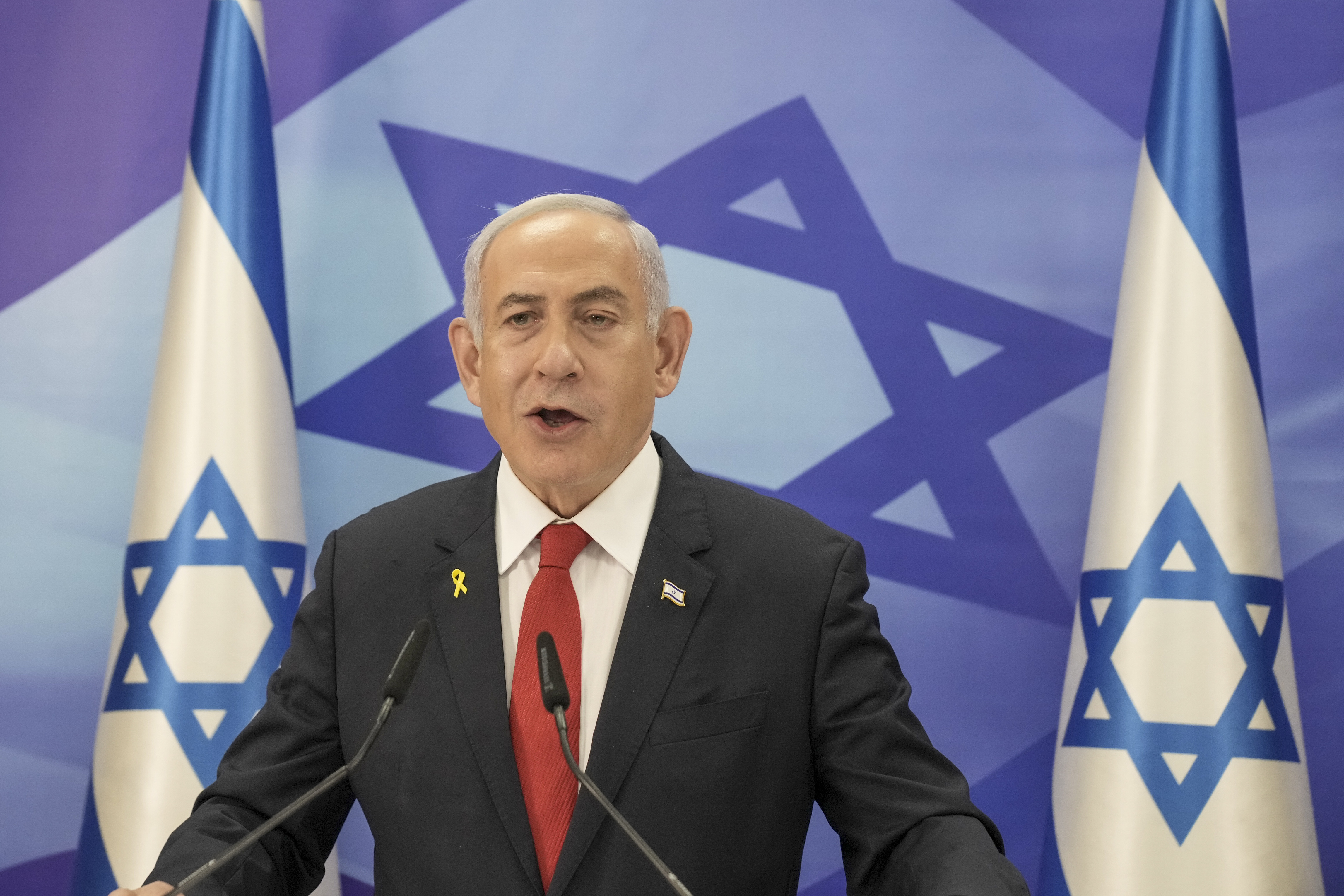 FILE - Israeli Prime Minister Benjamin Netanyahu speaks during a press conference in Jerusalem, Dec. 9, 2024. (AP Photo/Maya Alleruzzo, Pool, File)