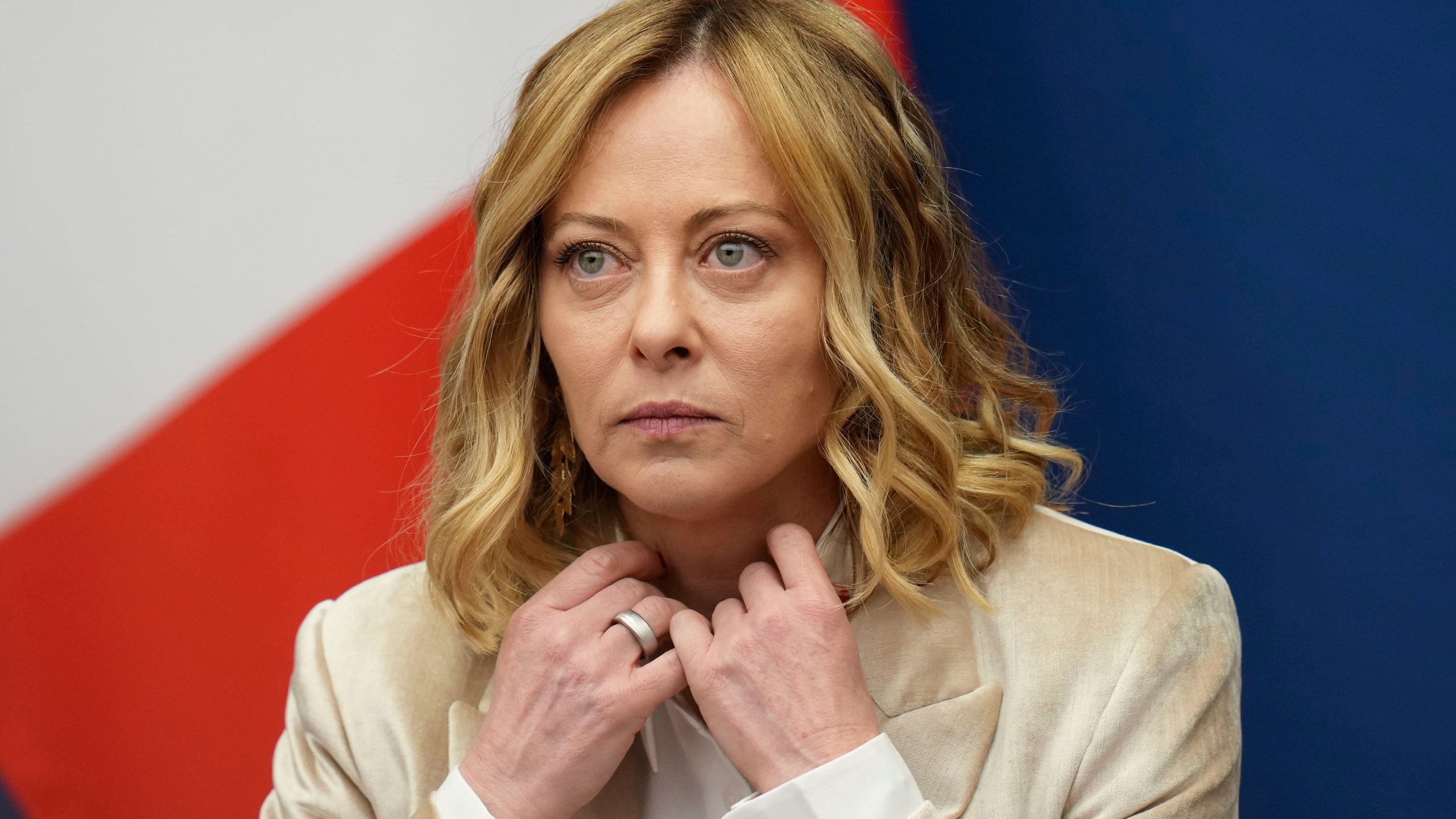 Italian Premier Giorgia Meloni holds the 2024 year-end press conference, in Rome, Thursday, Jan. 9, 2025. (AP Photo/Alessandra Tarantino)