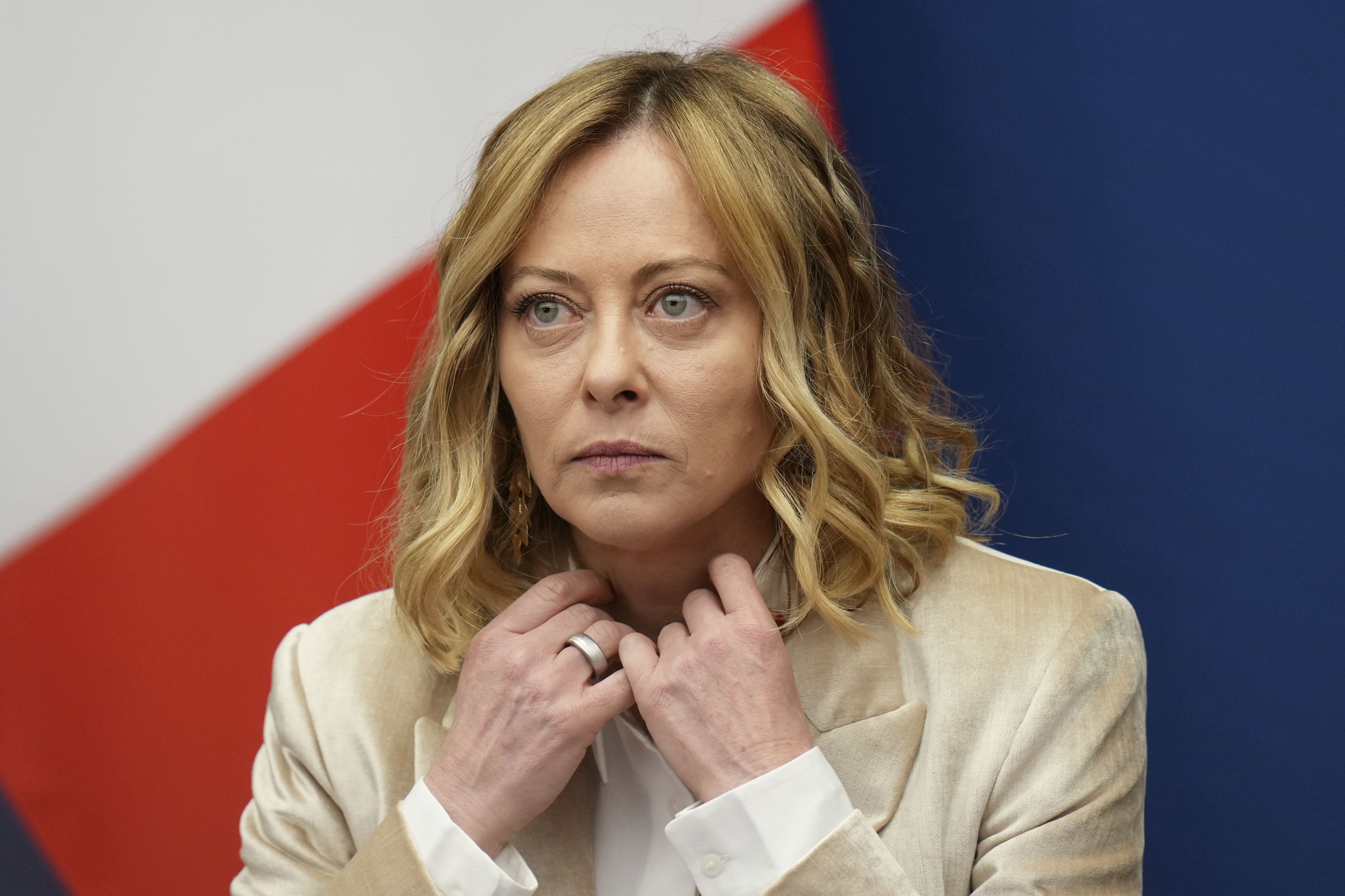 Italian Premier Giorgia Meloni holds the 2024 year-end press conference, in Rome, Thursday, Jan. 9, 2025. (AP Photo/Alessandra Tarantino)