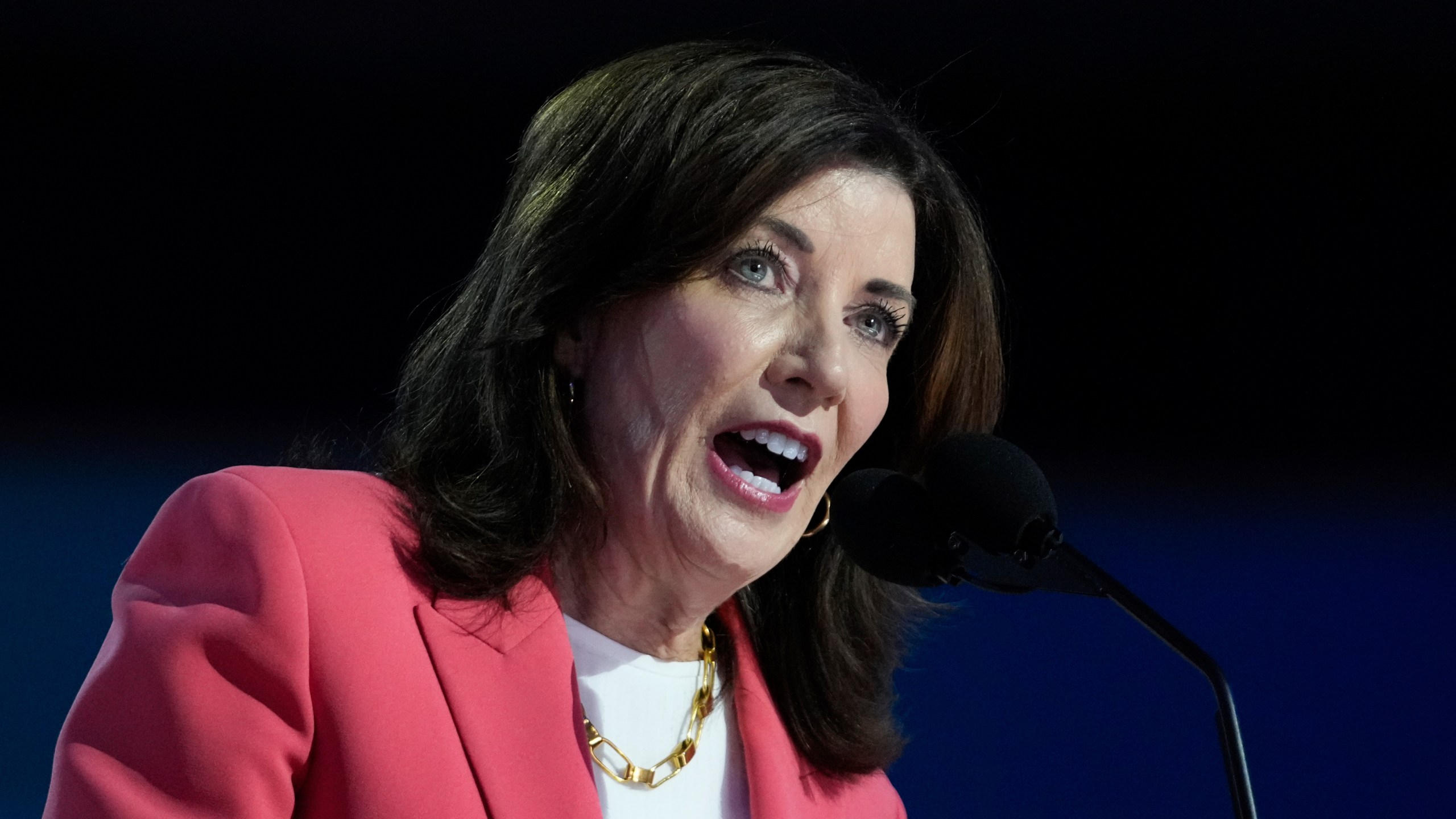 FILE - New York Gov. Kathy Hochul speaks during the Democratic National Convention, Aug. 19, 2024, in Chicago. (AP Photo/Paul Sancya, file)