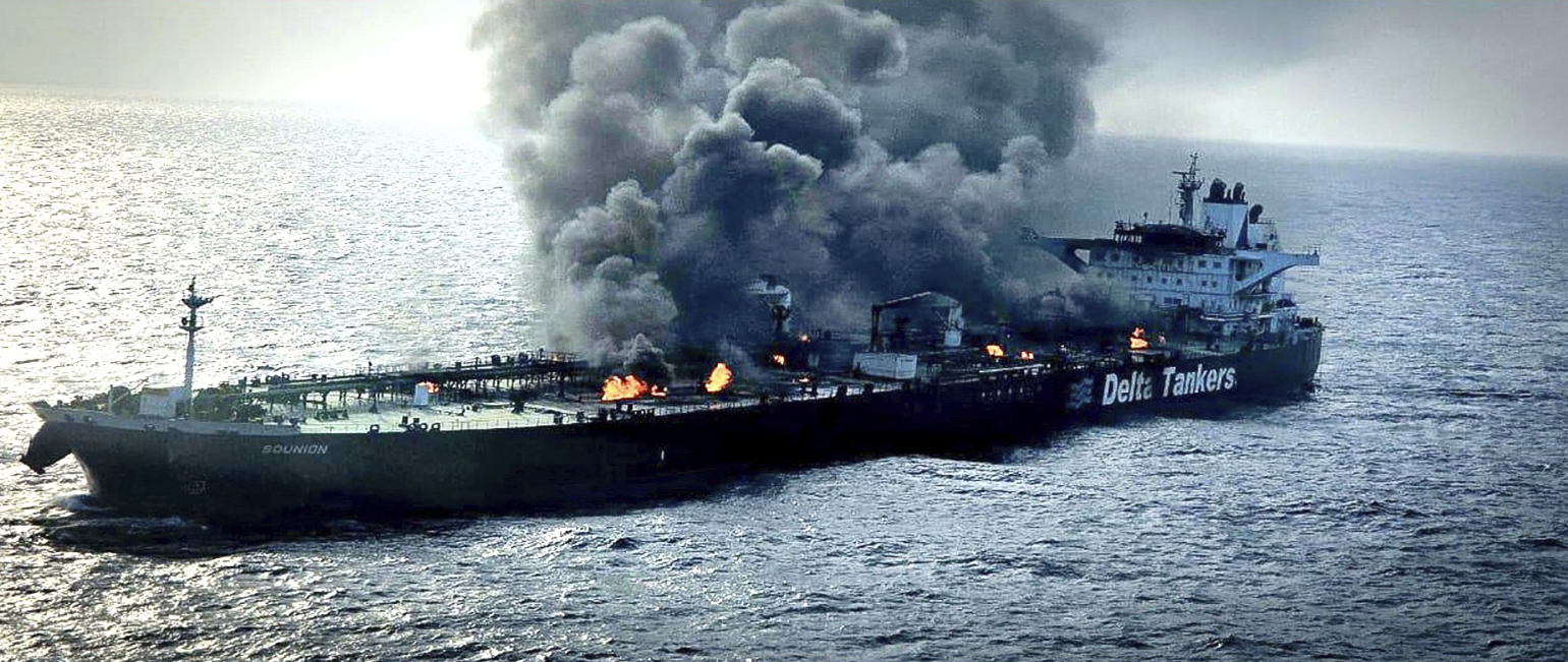 This undated photo released by the private security firm Ambrey shows the oil tanker Sounion burning in the Red Sea. (Ambrey via AP)