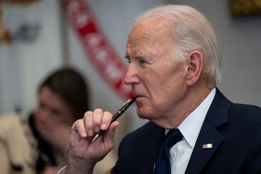 President Joe Biden listens during a briefing regarding the federal response to the spread of wildfires in the Los Angeles area, in the Roosevelt Room at the White House in Washington, Thursday, Jan. 9, 2025. (AP Photo/Ben Curtis)