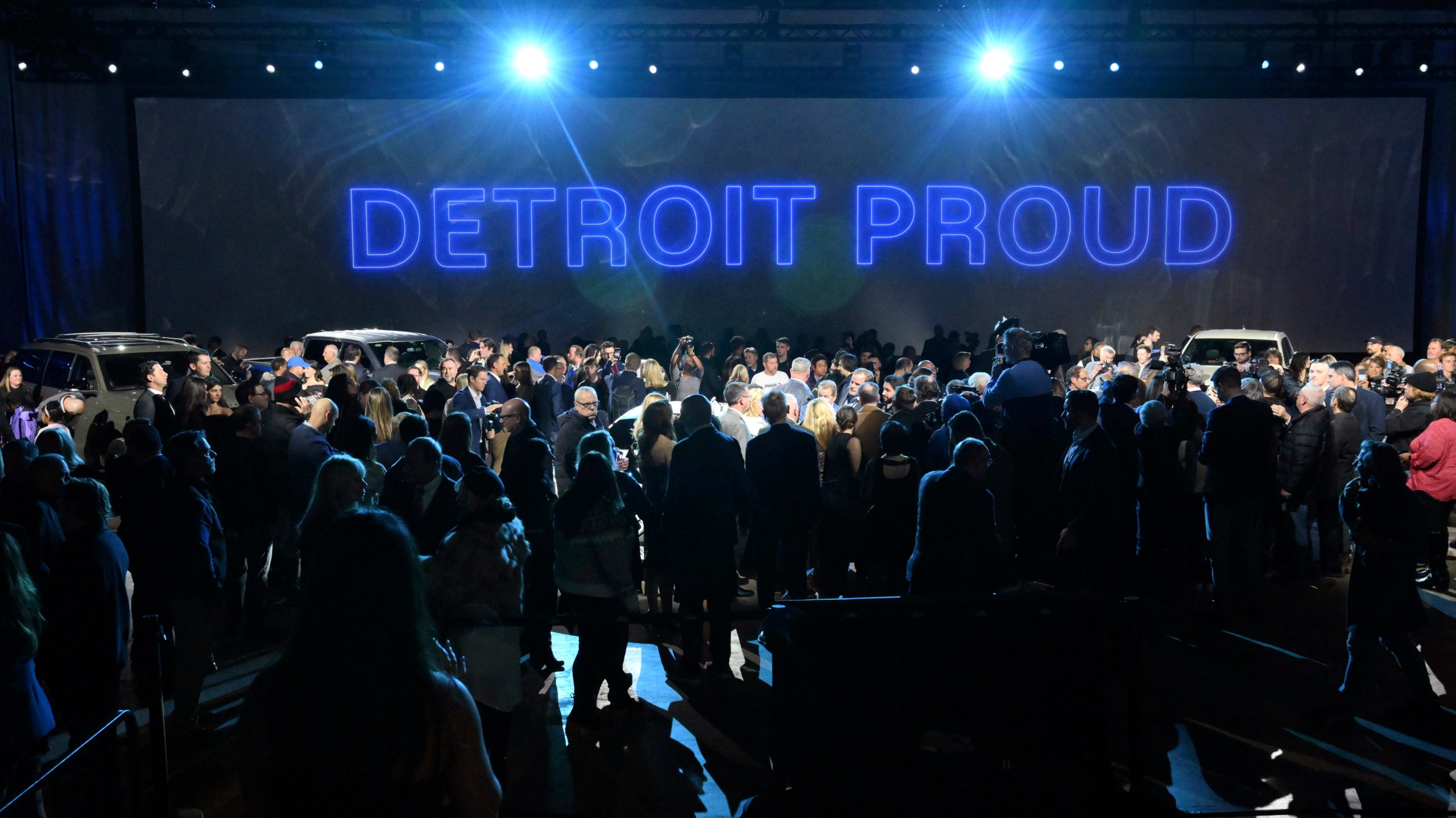 Ford shows off some its vehicles before the start of the Detroit Auto Show at Huntington Place in Detroit, Thursday, Jan. 9, 2025. (Daniel Mears/Detroit News via AP)