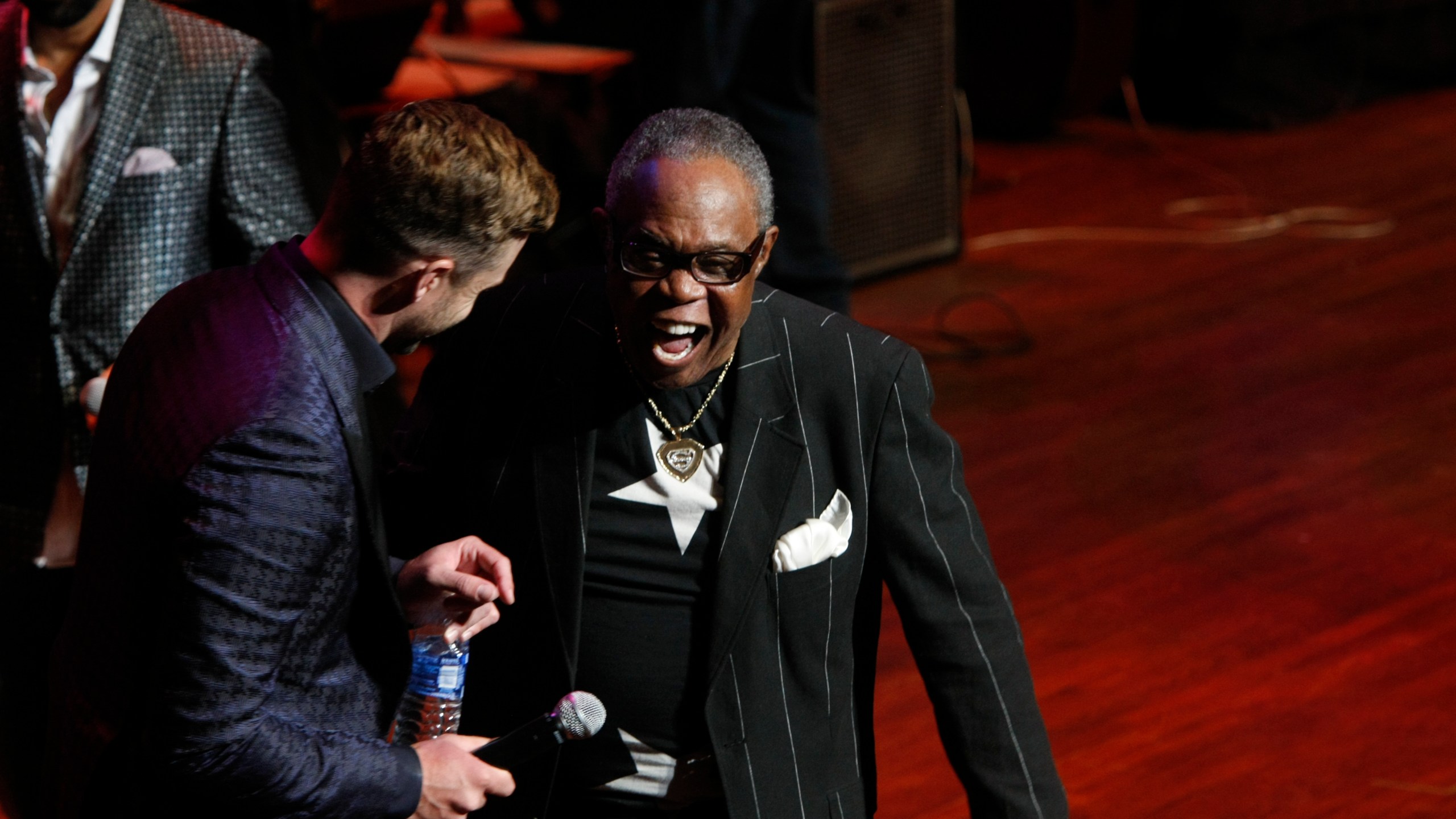 FILE - Sam Moore, right, with Justin Timberlakes attends the Memphis Music Hall of Fame Induction Ceremony, Oct. 17, 2015, in Memphis, Tenn. (AP Photo/Karen Pulfer Focht, File)