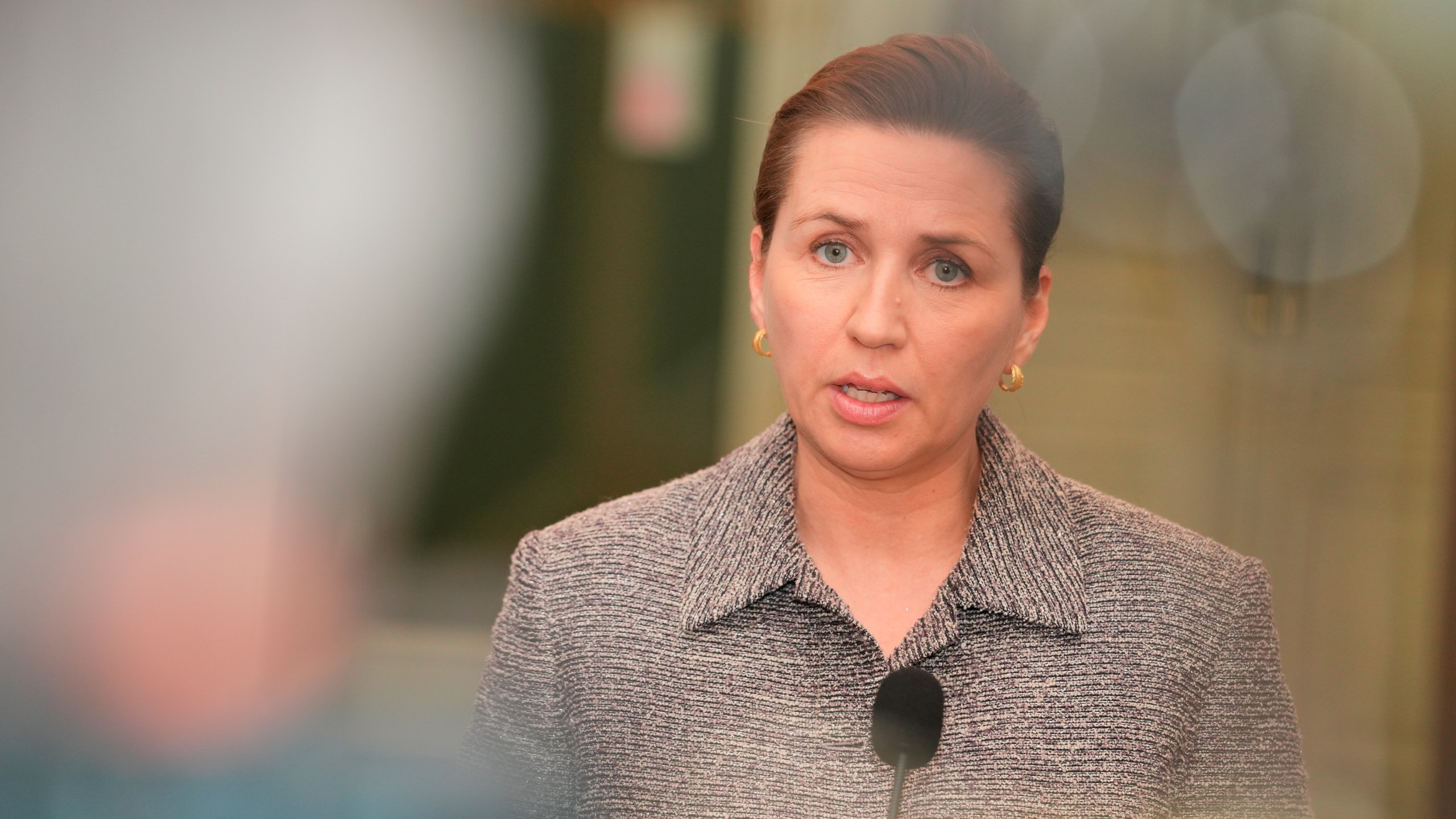 Denmark's Prime Minister Mette Frederiksen speaks to the media after a meeting with party leaders regarding Greenland, at the Prime Minister's Office in Christiansborg, Copenhagen, Thursday, January 9, 2025. (Emil Helms/Ritzau Scanpix via AP)