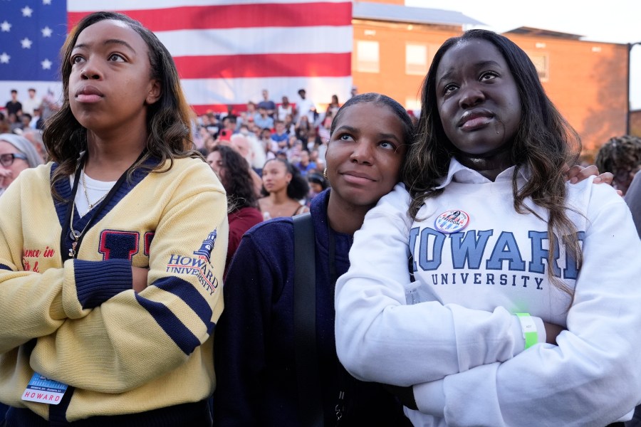 FILE - Supporters look on as Vice President Kamala Harris delivers a concession speech for the 2024 presidential election, Nov. 6, 2024, on the campus of Howard University in Washington. (AP Photo/Susan Walsh, File)