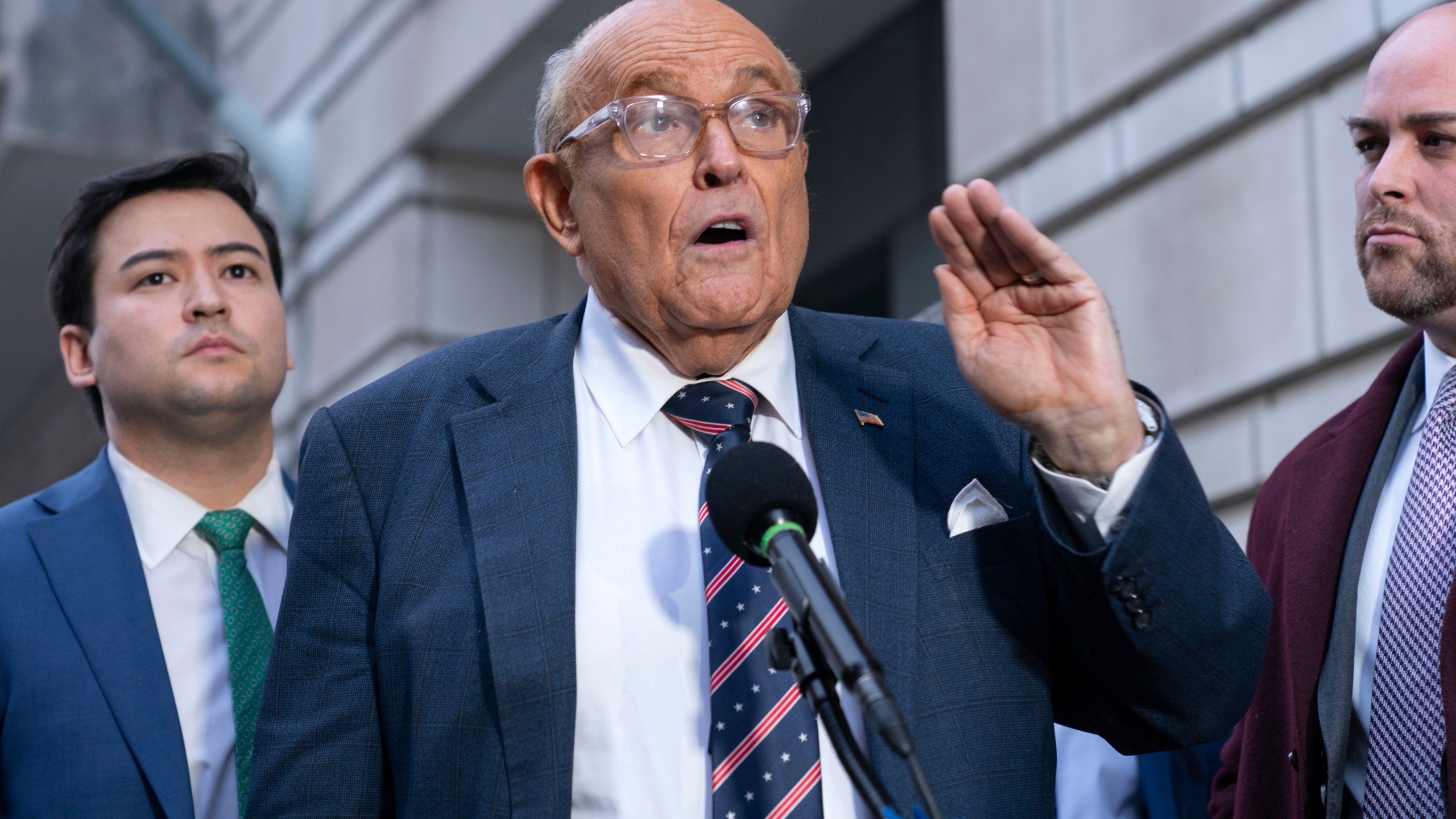 Rudy Giuliani speaks after leaving federal court in Washington, Friday, Jan. 10, 2025. (AP Photo/Jose Luis Magana)