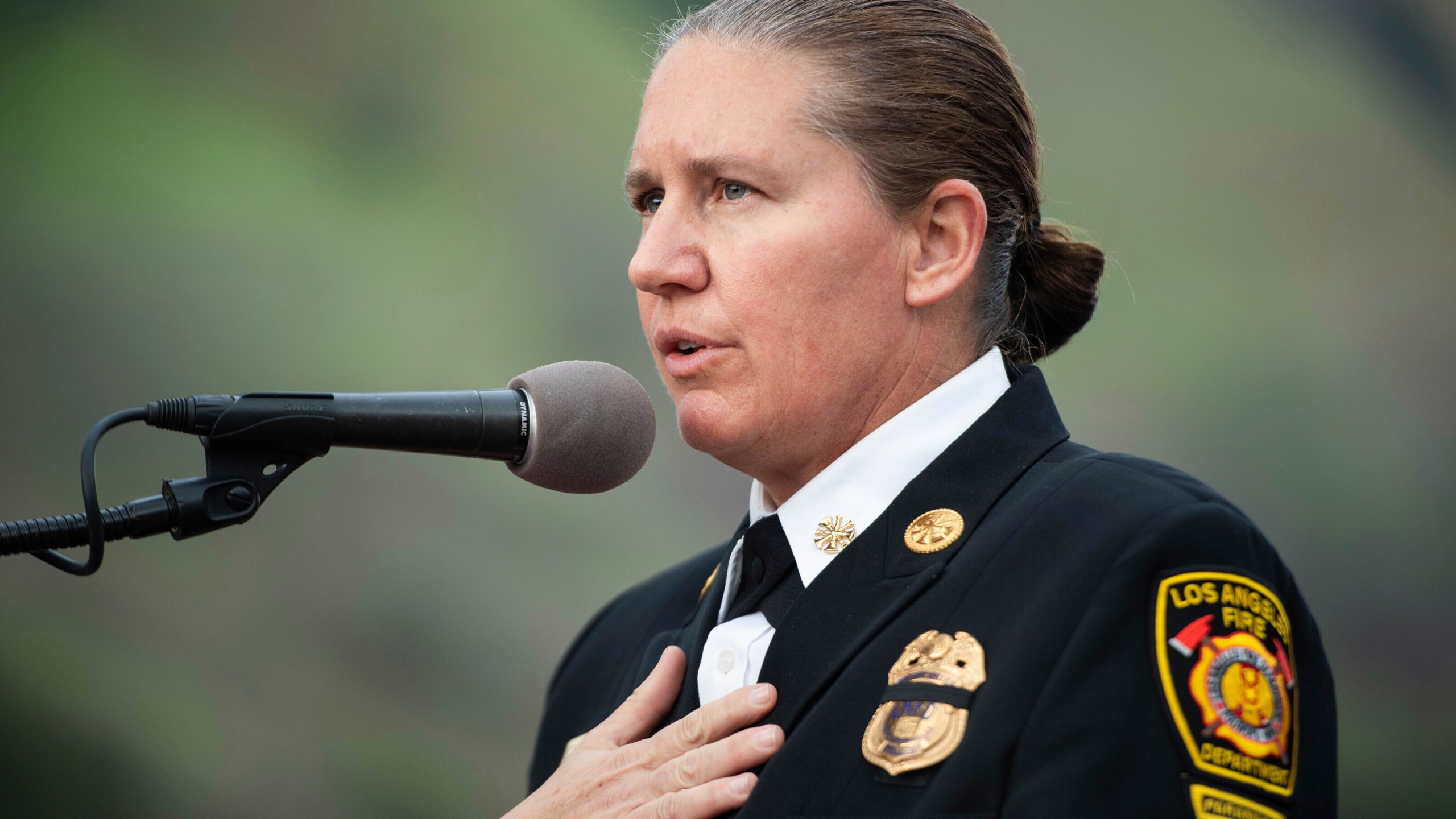 FILE - Kristin Crowley speaks to the press after Los Angeles Mayor Eric Garcetti and City Council President Nury Martinez nominated Crowley for chief of the Los Angeles Fire Department on Tuesday, Jan. 18, 2022. (Sarah Reingewirtz/The Orange County Register via AP, File)