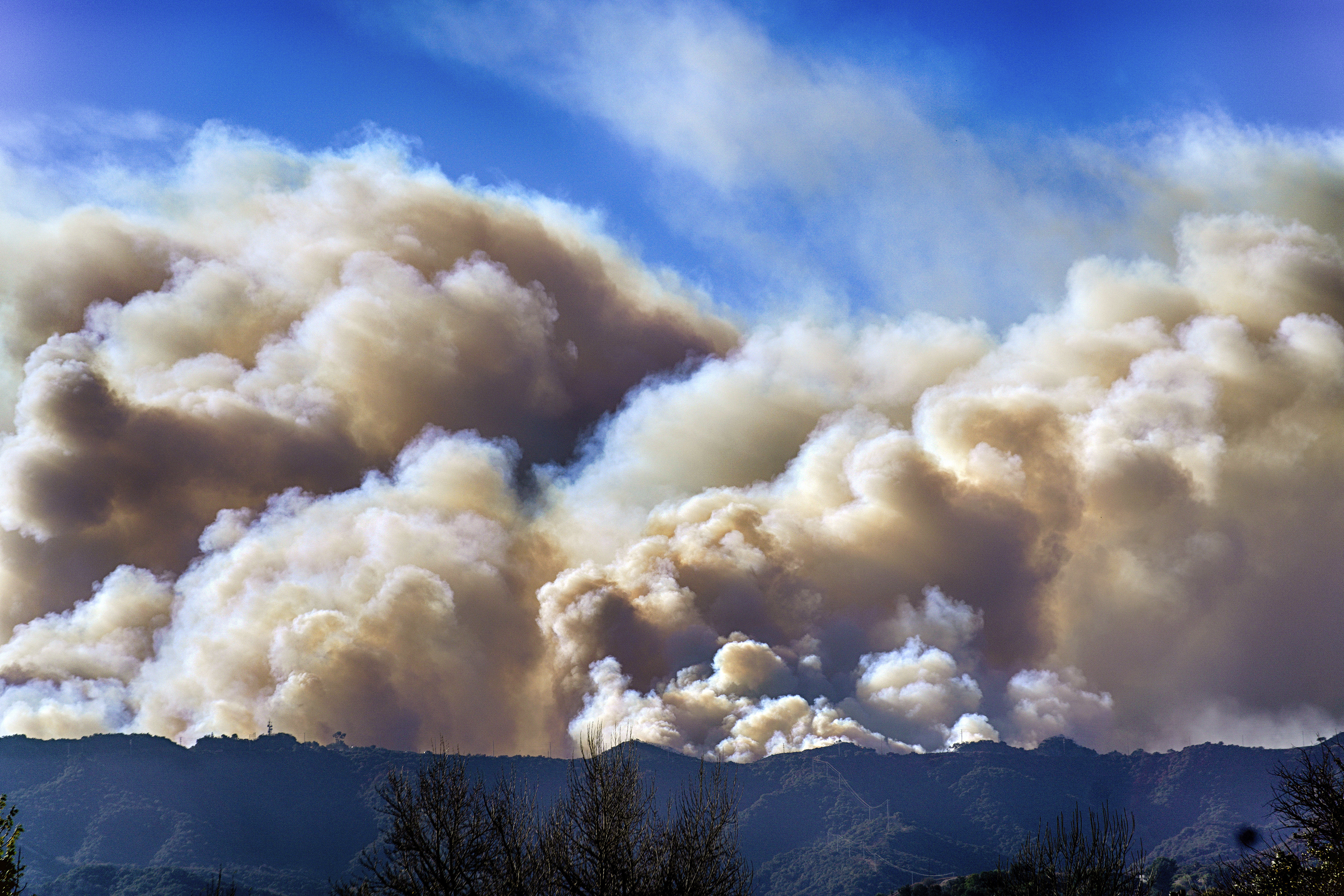 Smoke from the Palisades Fire rises over a ridge as seen from the Encino section of Los Angeles on Saturday, Jan. 11, 2025. (AP Photo/Richard Vogel)