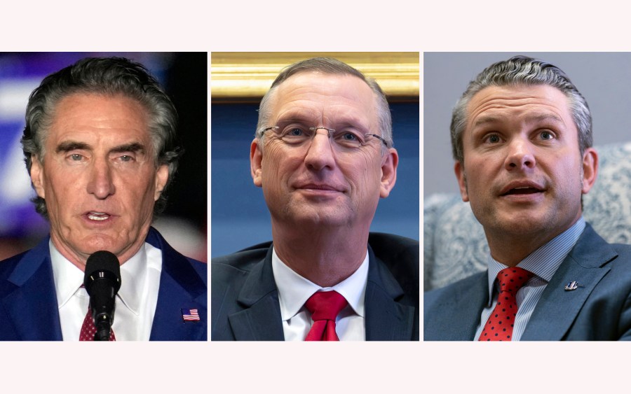 This combination photo of President-elect Donald Trump's nominees who will have confirmation hearings Tuesday, Jan. 14, 2025, shows Interior Department nominee North Dakota Gov. Doug Burgum, from left, Secretary of Veterans Affairs nominee Doug Collins and Defense Secretary nominee Pete Hegseth. (AP Photo)