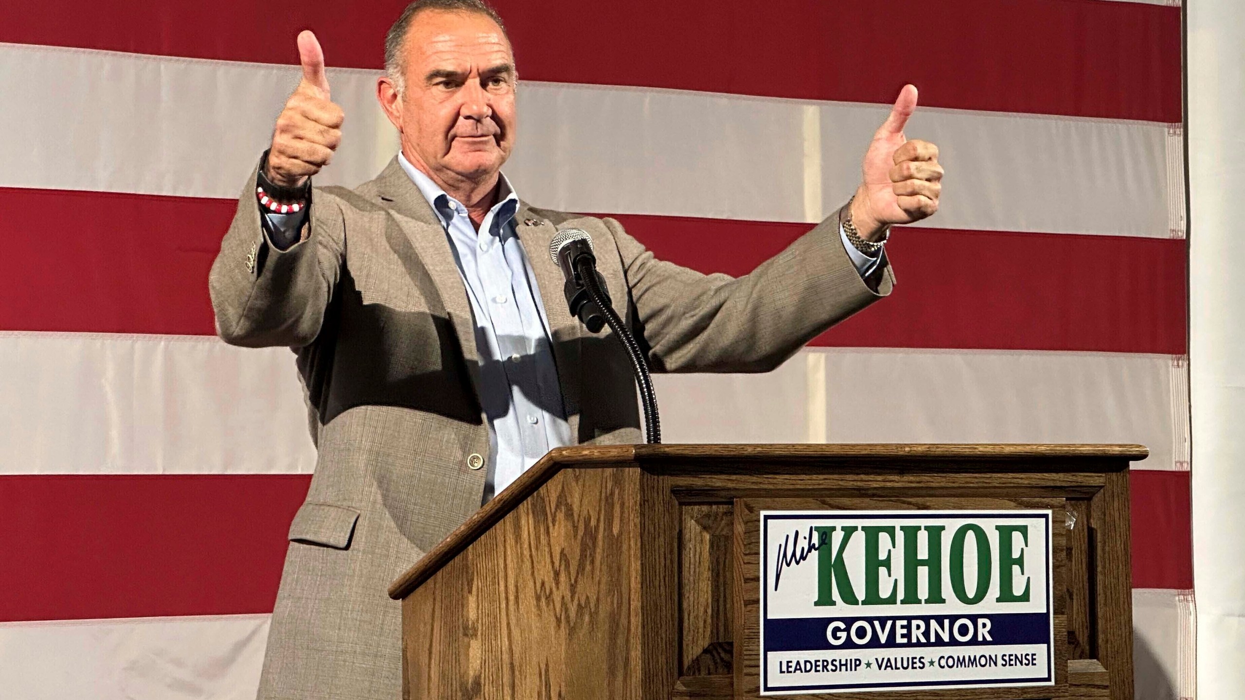 FILE - Missouri Lt. Gov. Mike Kehoe celebrates after winning the Republican primary for governor, Aug. 6, 2024, in Jefferson City, Mo. (AP Photo/David A. Lieb, File)