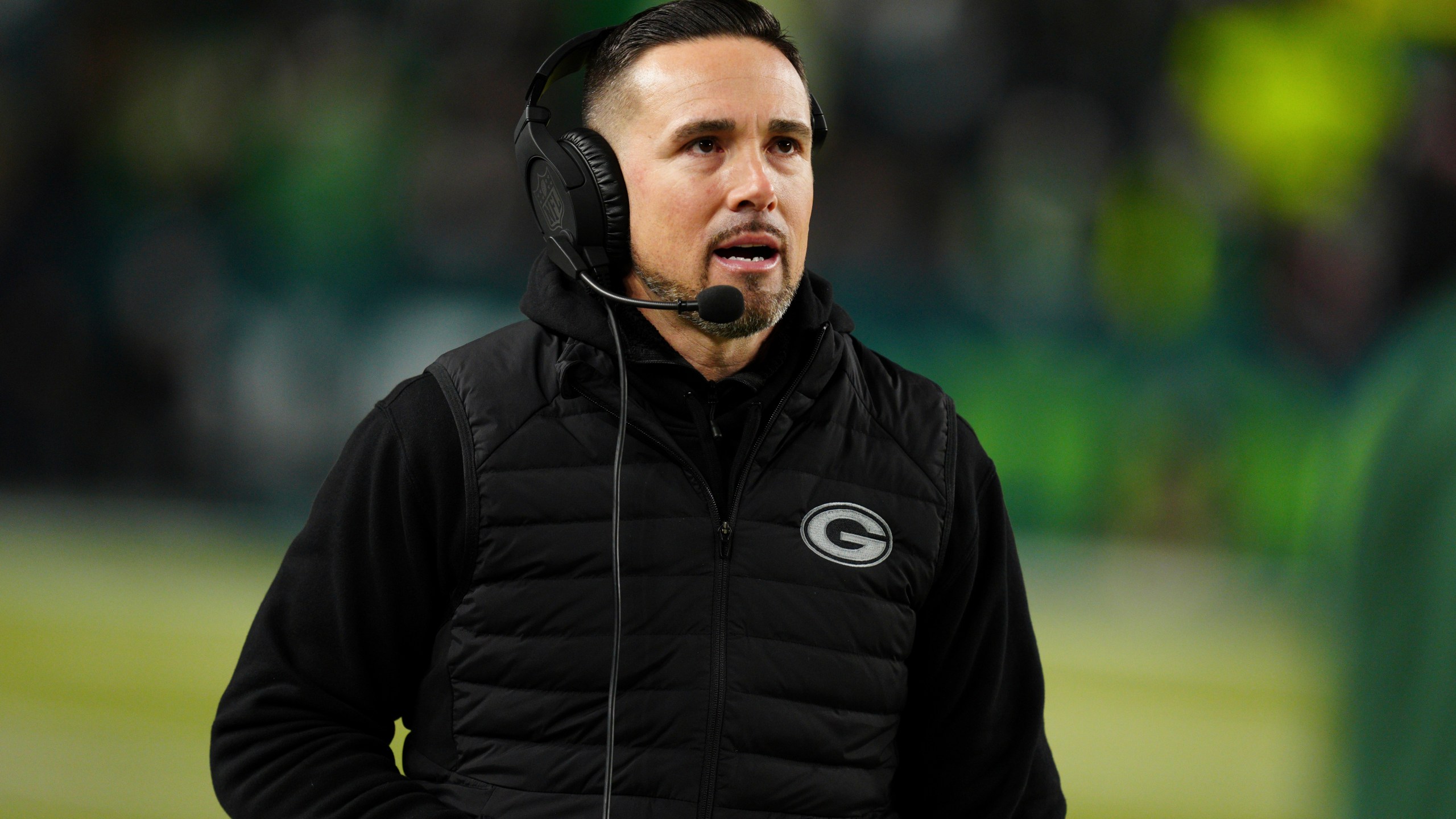 Green Bay Packers head coach Matt LaFleur talks during the second half of an NFL wild-card playoff football game against the Philadelphia Eagles on Sunday, Jan. 12, 2025, in Philadelphia. (AP Photo/Derik Hamilton)