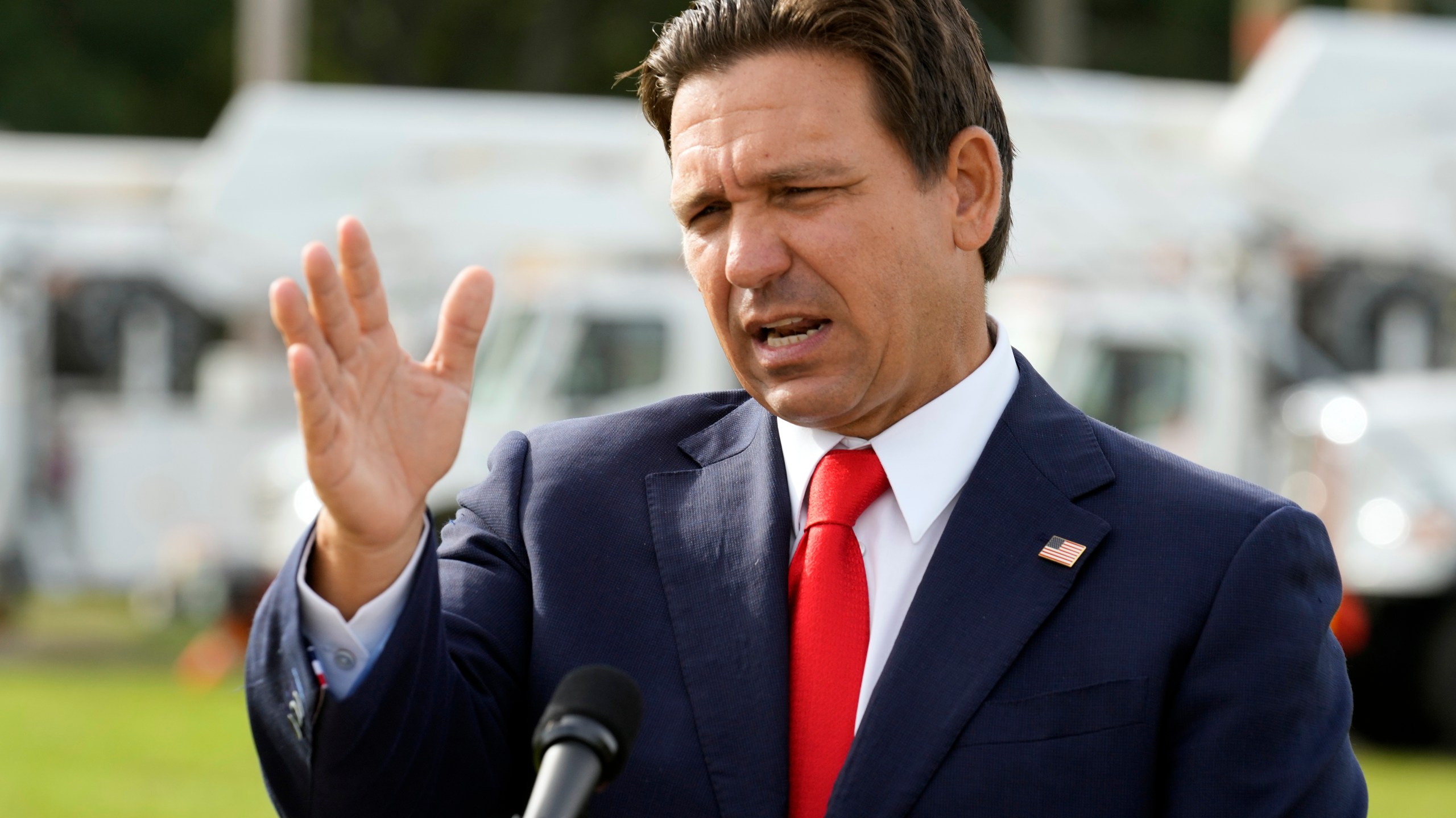 FILE - Florida Gov. Ron DeSantis gestures during a news conference, Wednesday, Sept. 25, 2024, at the Tampa Electric Company offices in Tampa, Fla. (AP Photo/Chris O'Meara, File)