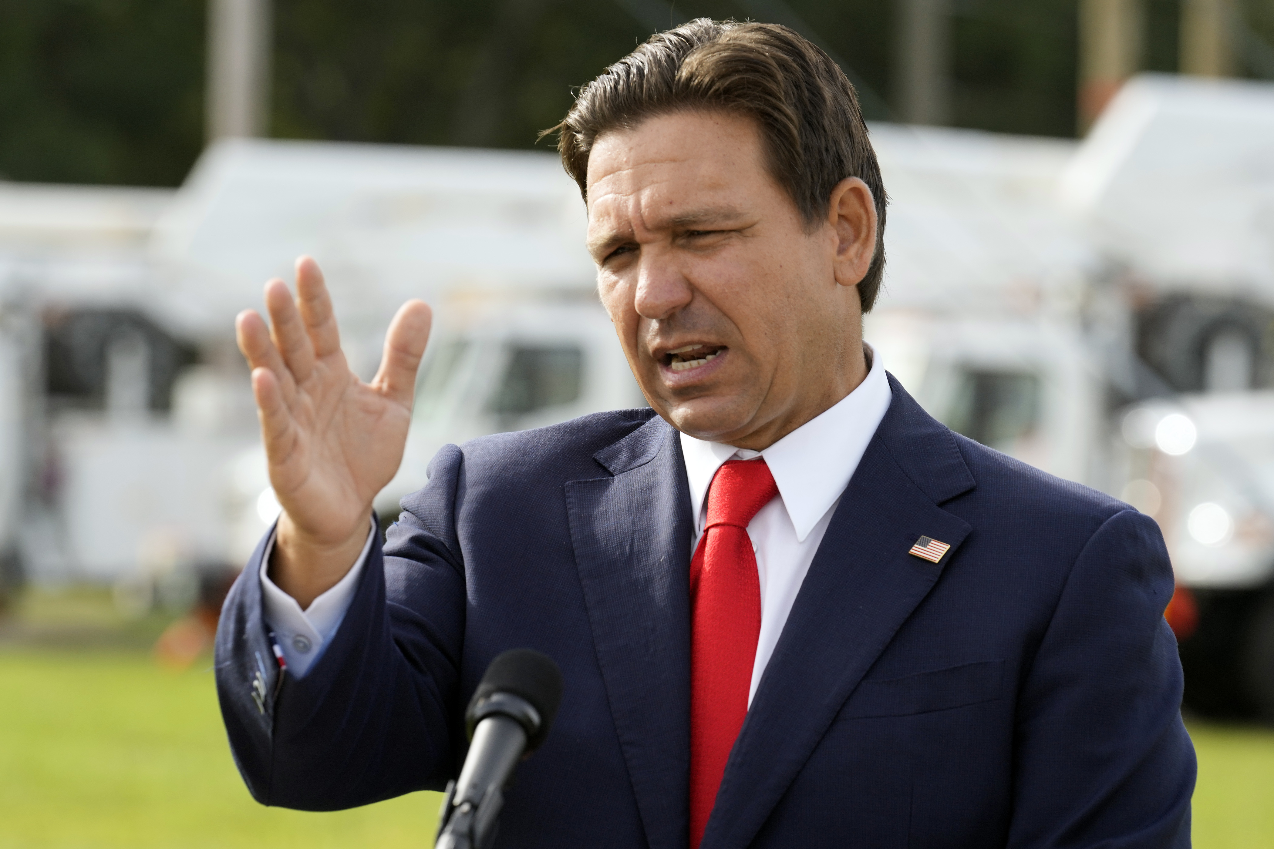 FILE - Florida Gov. Ron DeSantis gestures during a news conference, Wednesday, Sept. 25, 2024, at the Tampa Electric Company offices in Tampa, Fla. (AP Photo/Chris O'Meara, File)