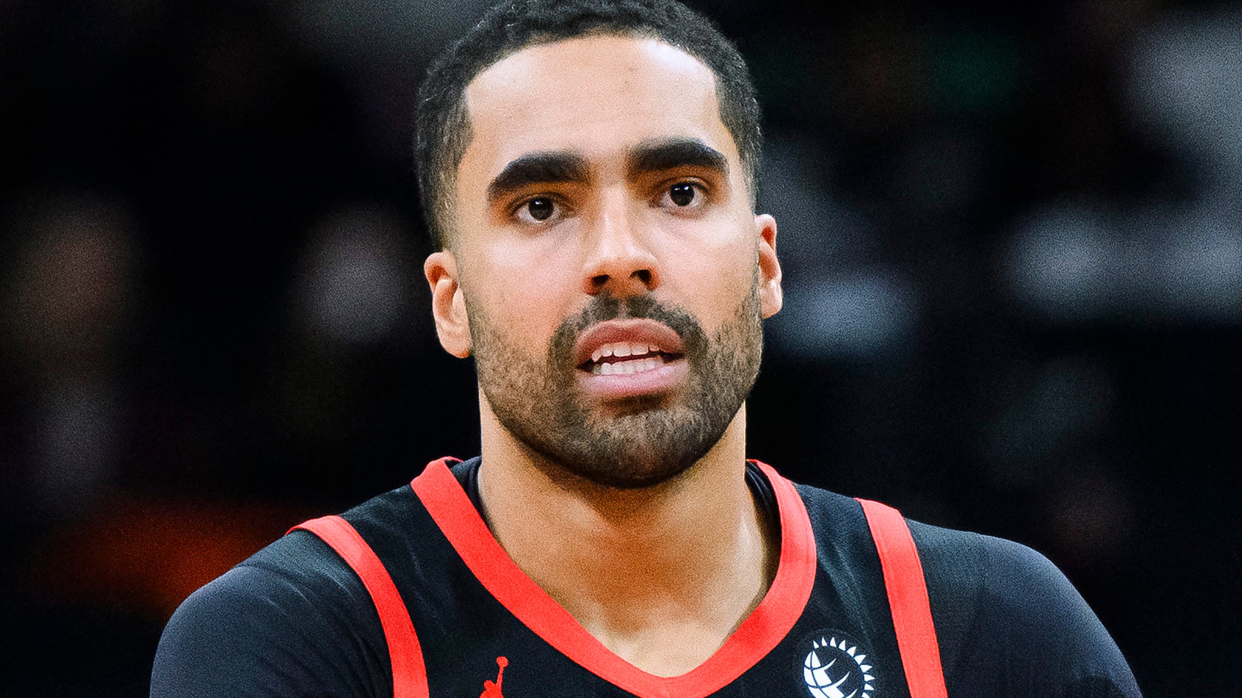 FILE - Toronto Raptors forward Jontay Porter looks on during the first half of the team's NBA basketball game against the Chicago Bulls, Jan. 18, 2024, in Toronto. (Christopher Katsarov/The Canadian Press via AP, File)