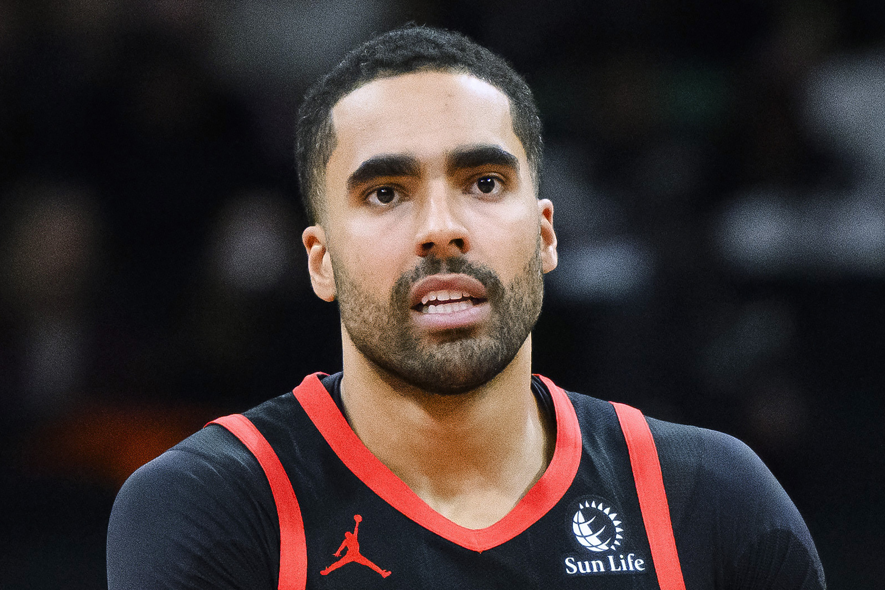 FILE - Toronto Raptors forward Jontay Porter looks on during the first half of the team's NBA basketball game against the Chicago Bulls, Jan. 18, 2024, in Toronto. (Christopher Katsarov/The Canadian Press via AP, File)