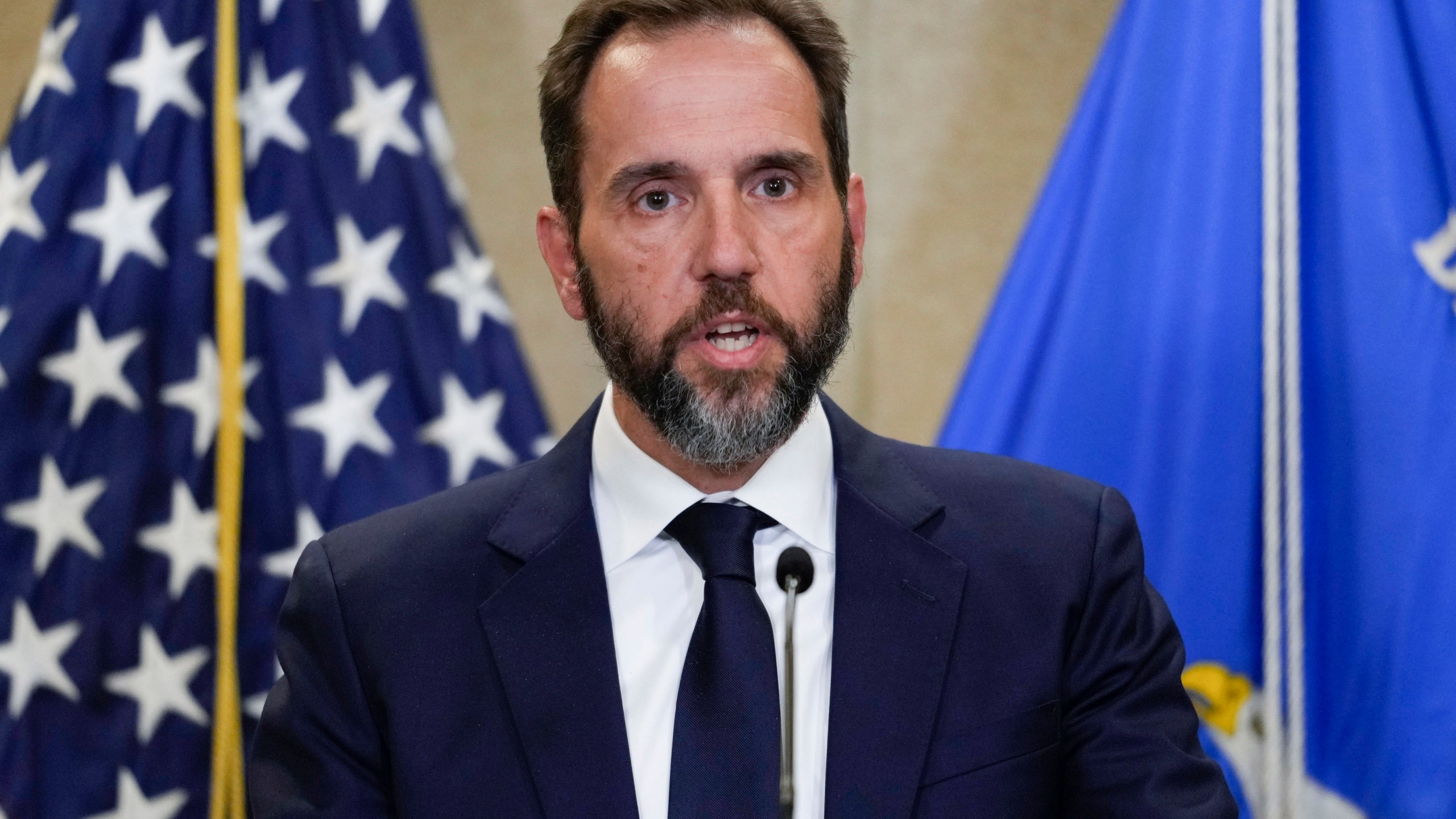 FILE - Special counsel Jack Smith speaks to the media about an indictment of former President Donald Trump, Tuesday, Aug. 1, 2023, at an office of the Department of Justice in Washington. (AP Photo/J. Scott Applewhite, File)