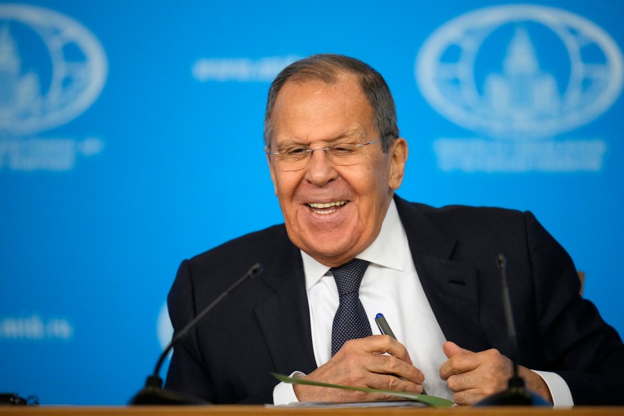 Russian Foreign Minister Sergey Lavrov smiles during his annual news conference in Moscow, Russia, Tuesday, Jan. 14, 2025. (AP Photo/Alexander Zemlianichenko)