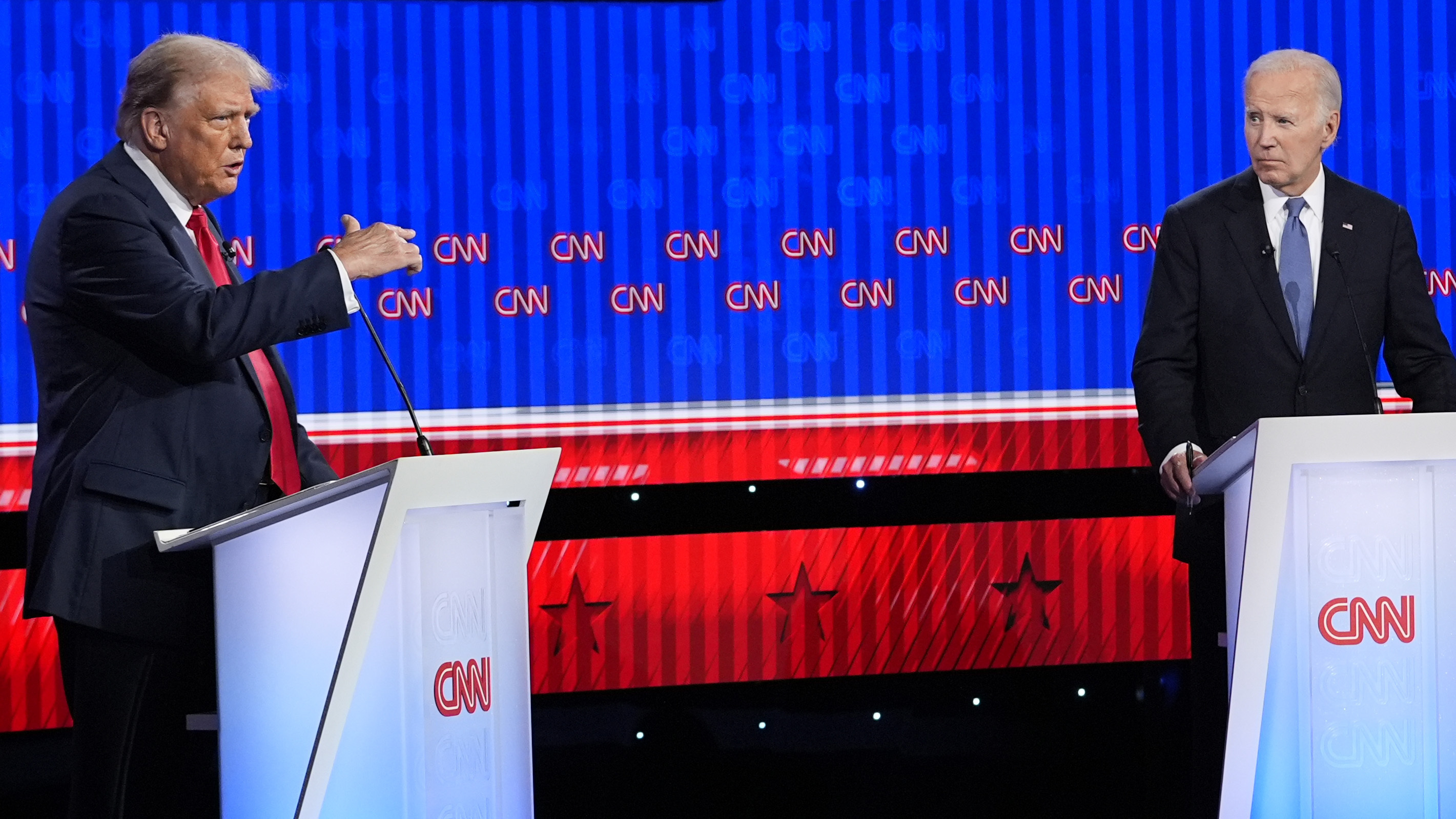 FILE - Republican presidential candidate former President Donald Trump, left, speaks during a presidential debate hosted by CNN with President Joe Biden, June 27, 2024, in Atlanta. (AP Photo/Gerald Herbert, File)