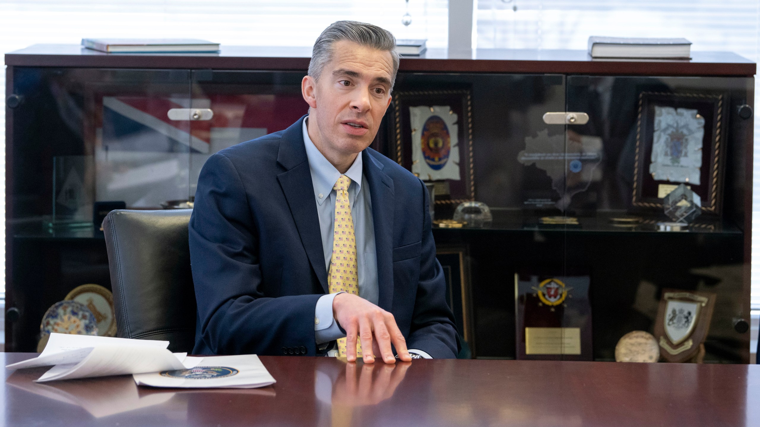 Acting Director of the National Counterterrorism Center Brett Holmgren speaks during an interview at the National Counterterrorism Center, Jan. 8, 2025 in McLean, Va. (AP Photo/Kevin Wolf)