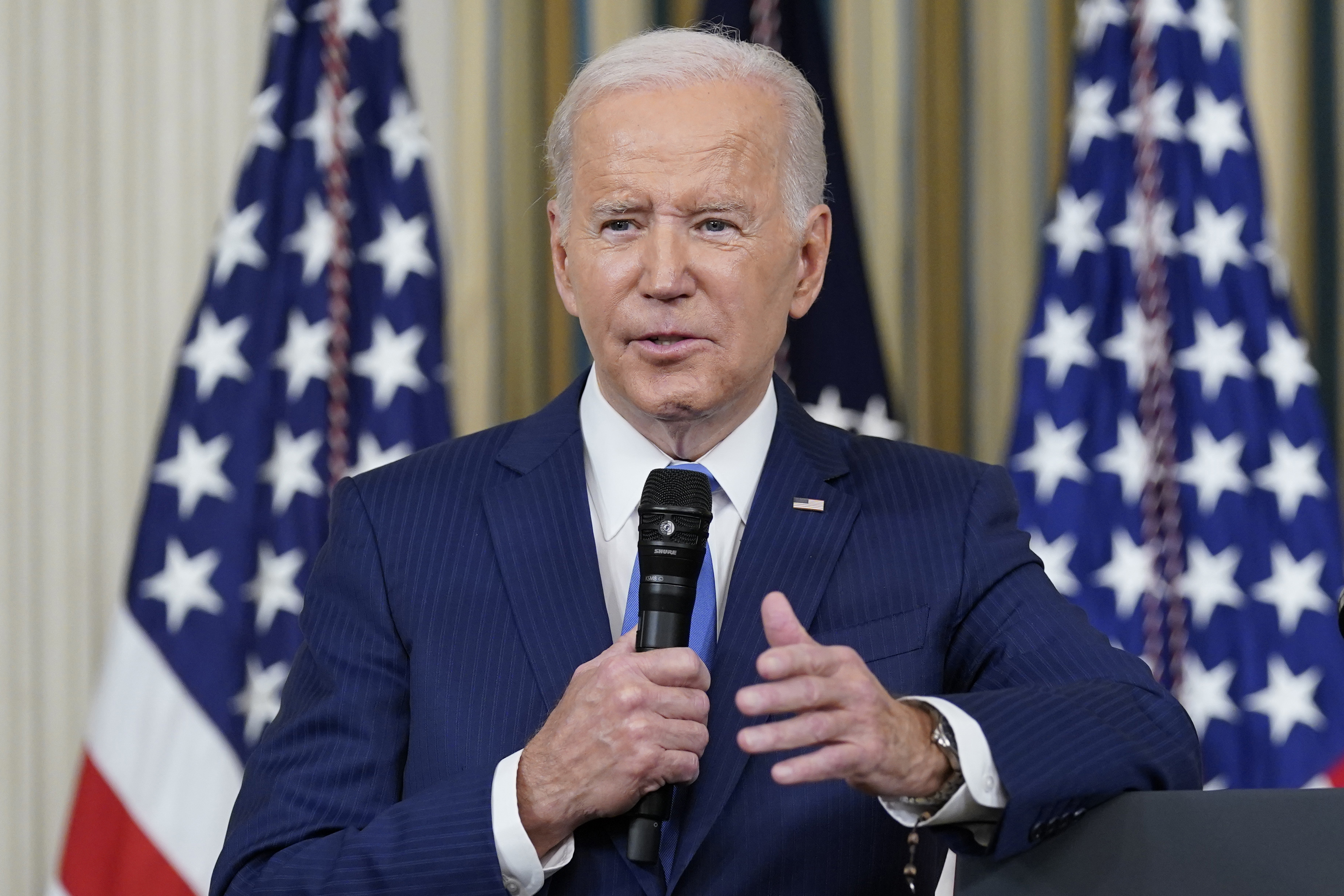 FILE - President Joe Biden answers questions from reporters as he speaks in the State Dining Room of the White House in Washington, Nov. 9, 2022. (AP Photo/Susan Walsh, File)