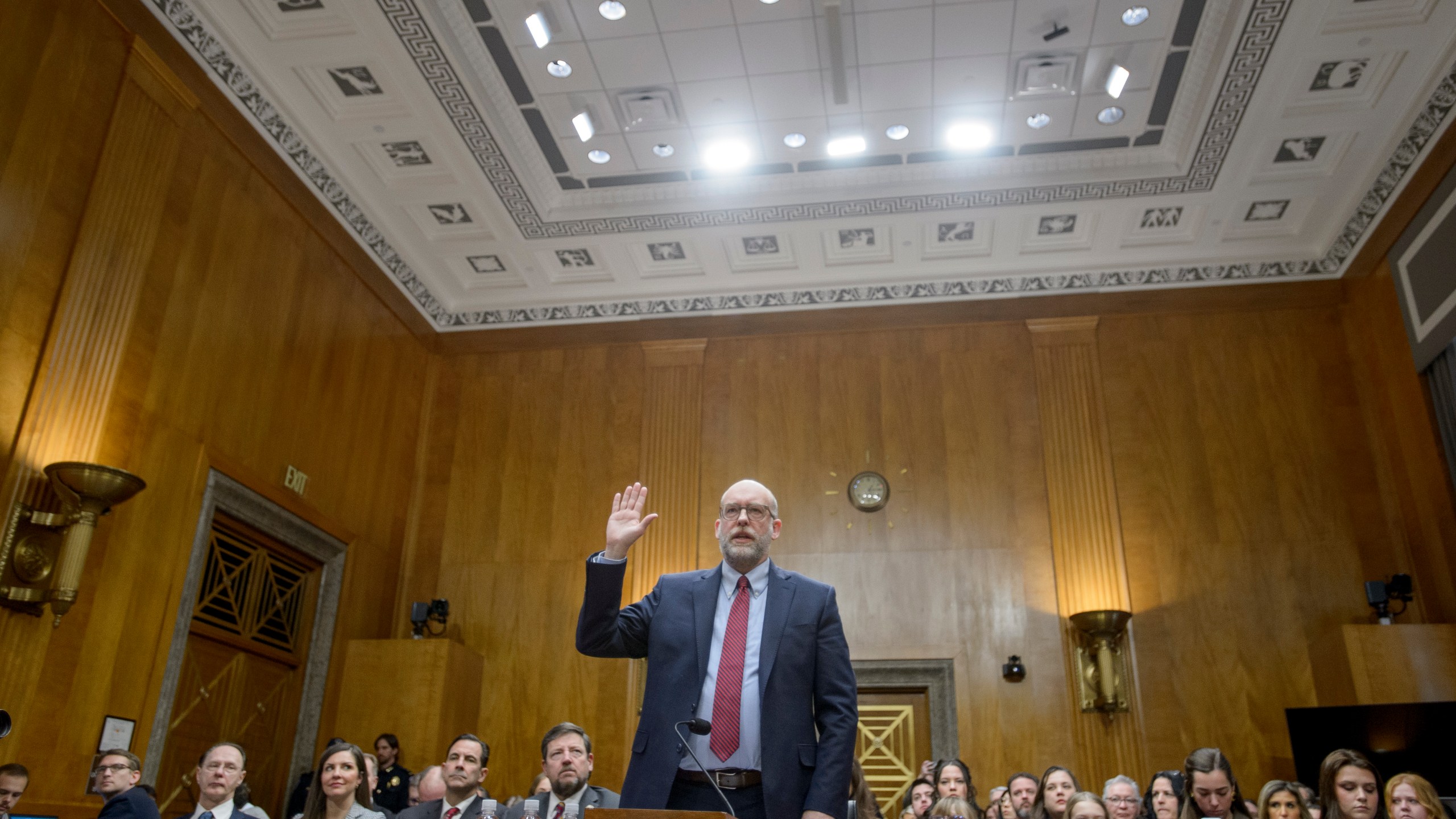 Russell Vought, President-elect Donald Trump's nominee to be Director, Office of Management and Budget, is sworn-in during a Senate Committee on Homeland Security and Governmental Affairs hearing for his pending confirmation on Capitol Hill, Wednesday, Jan. 15, 2025, in Washington. (AP Photo/Rod Lamkey, Jr.)