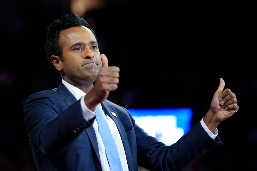 FILE - Vivek Ramaswamy arrives before Republican presidential nominee former President Donald Trump at a campaign rally at the Santander Arena, Oct. 9, 2024, in Reading, Pa. (AP Photo/Alex Brandon, File)