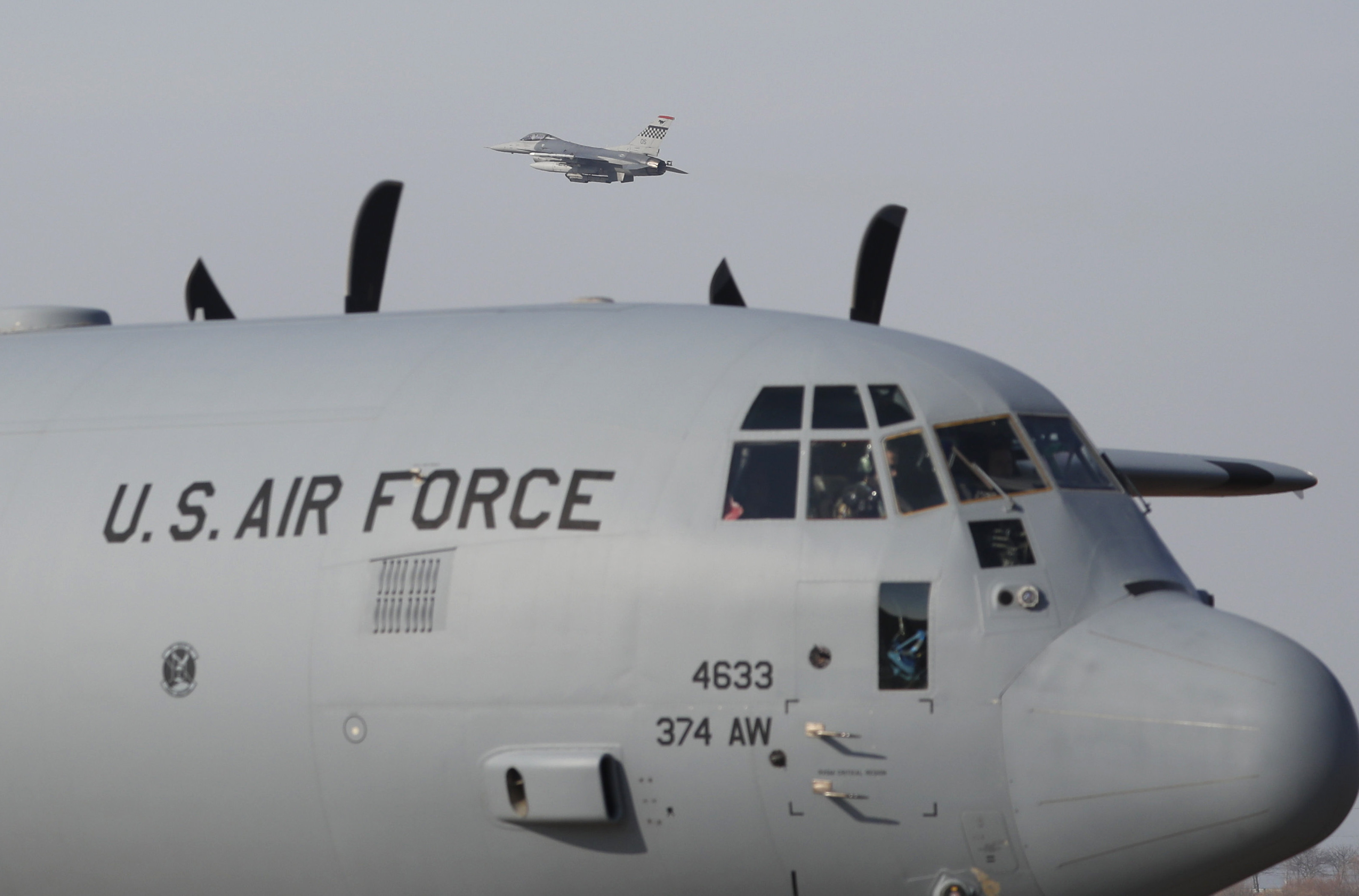 FILE - U.S. Air Force F-16 airplanes take part in a joint aerial drills at the Osan Air Base in Pyeongtaek, South Korea, Dec. 6, 2017. (Kim Hong-Ji/Pool Photo via AP, File)