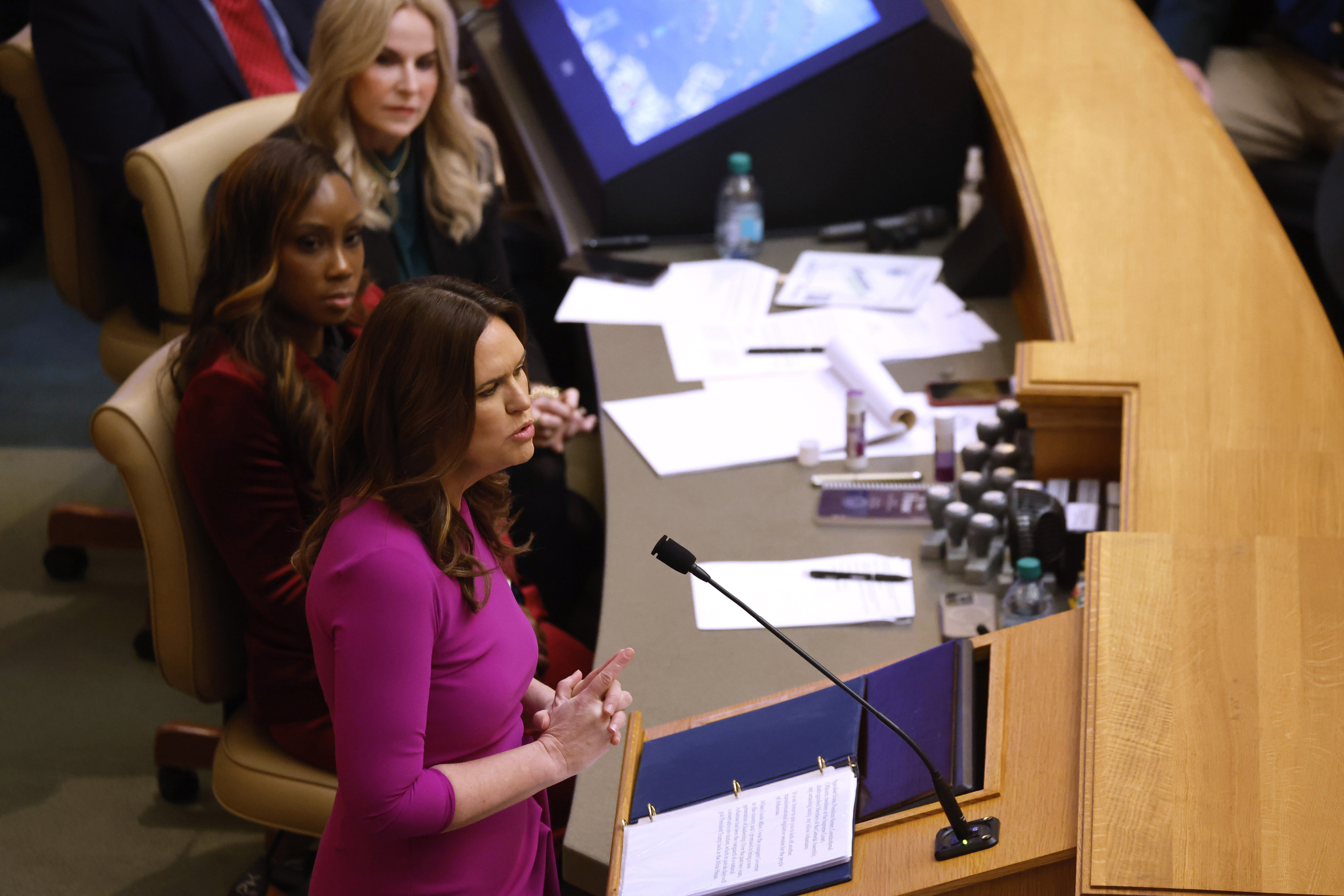 Gov. Sarah Huckabee Sanders gives the State of the State address to a joint session of the Arkansas General Assembly on Tuesday, Jan. 14, 2025, at the state Capitol in Little Rock, Ark. (Thomas Metthe/Arkansas Democrat-Gazette via AP)