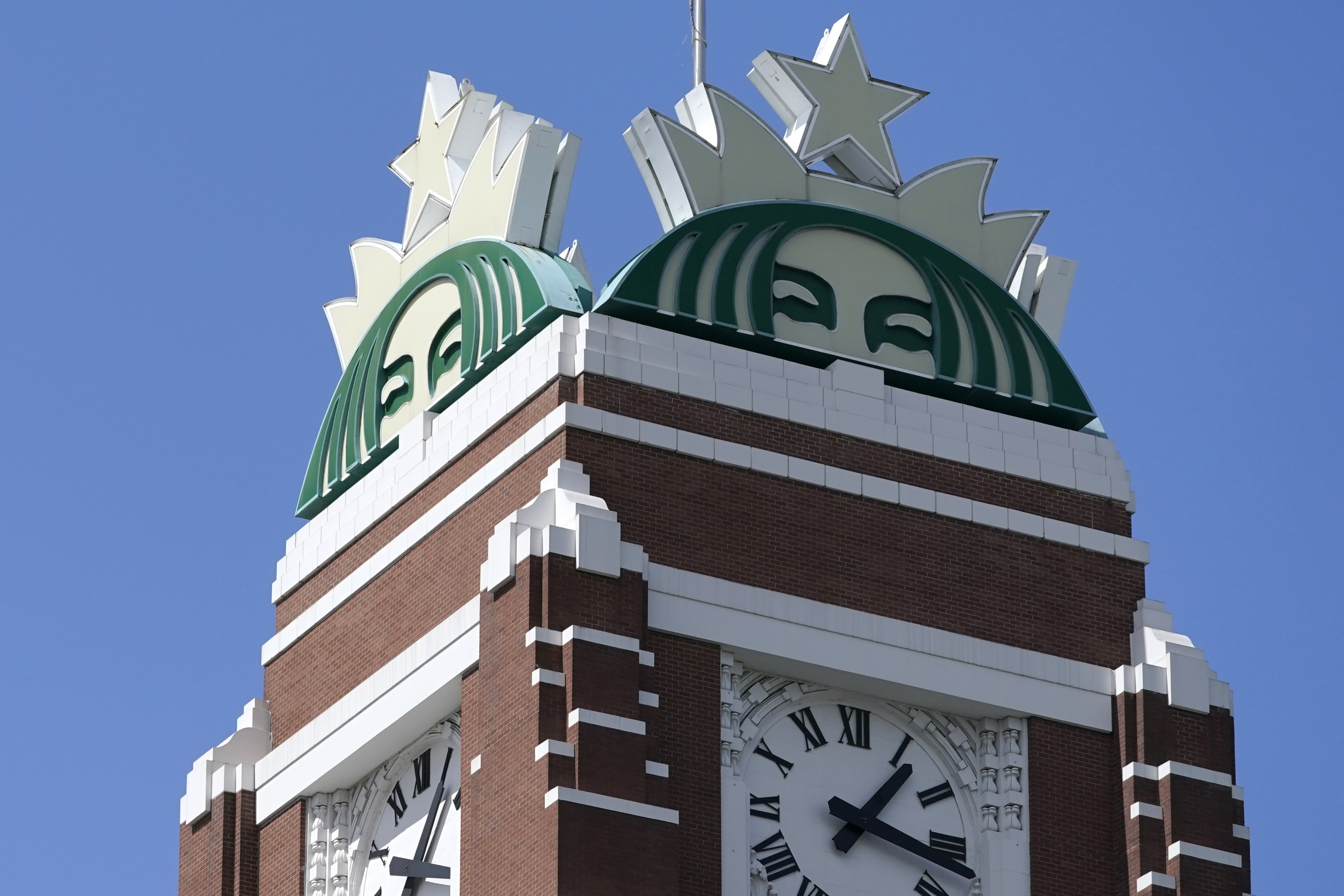 FILE - The Starbucks mermaid logo is displayed at the company's corporate headquarters in Seattle on Monday, April 26, 2021. (AP Photo/Ted S. Warren, File)