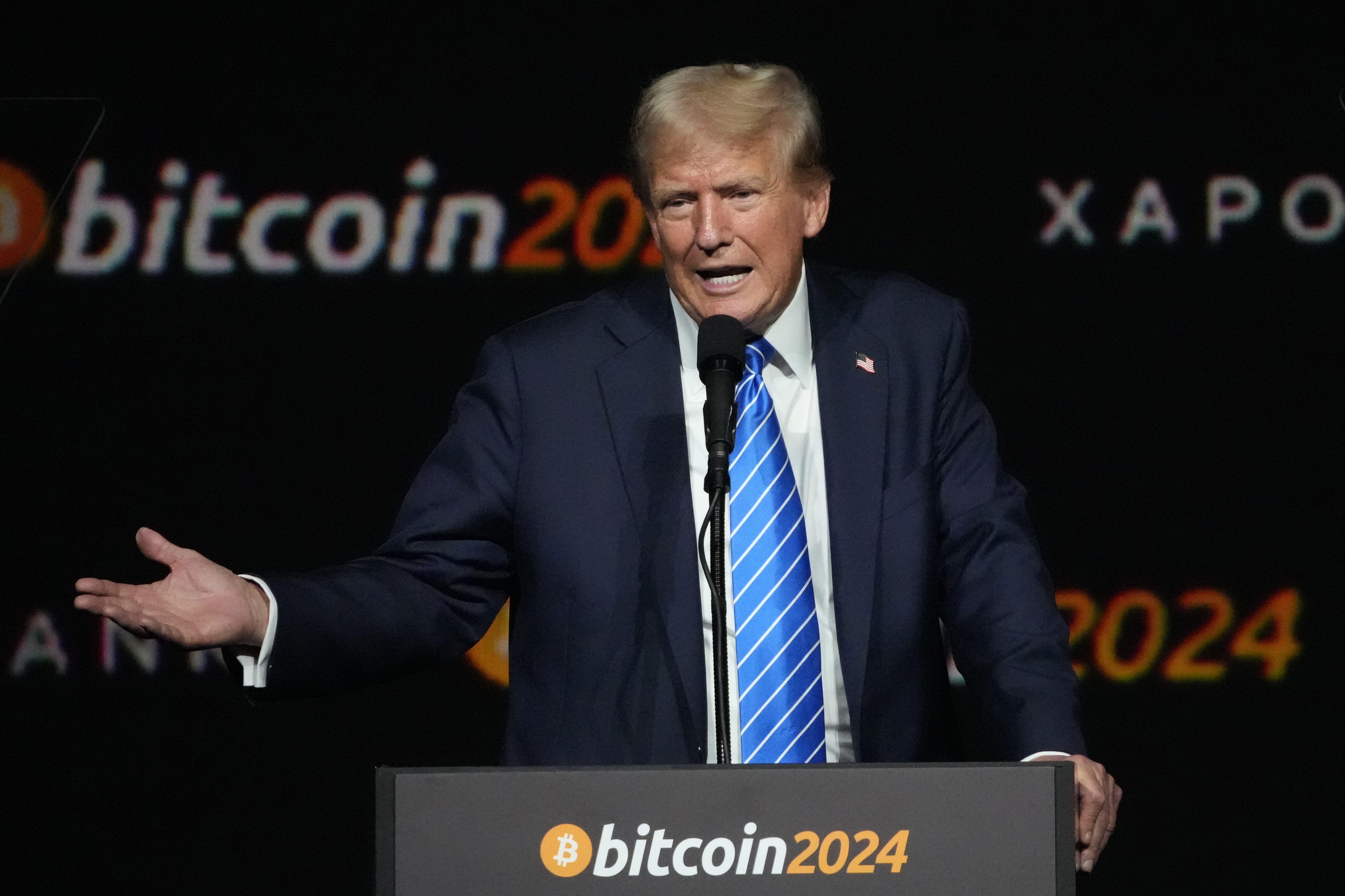 FILE - Donald Trump speaks at the Bitcoin 2024 Conference July 27, 2024, in Nashville, Tenn. (AP Photo/Mark Humphrey, File)