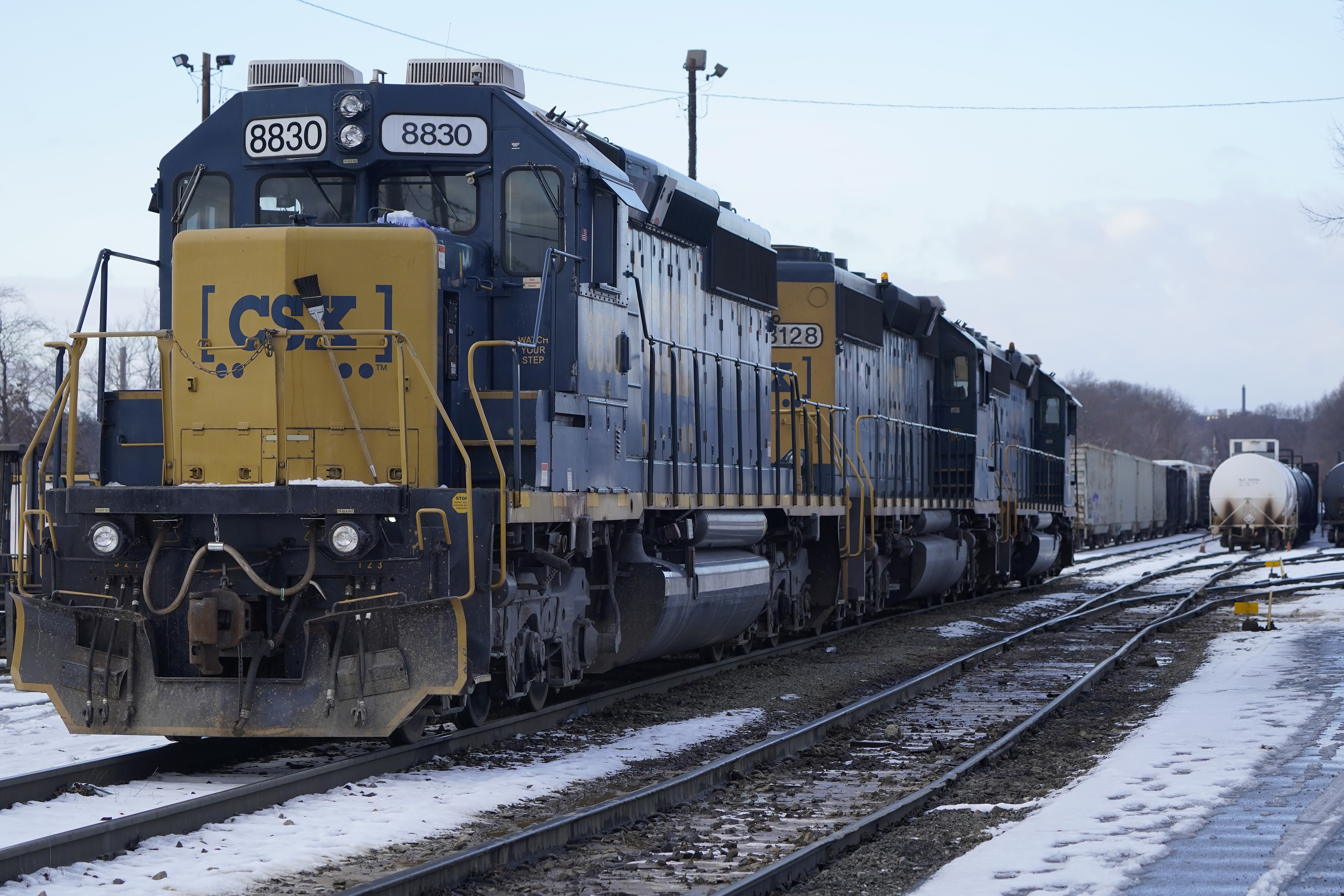 FILE - CSX locomotives rest together on tracks at CSX North Framingham Yard, Tuesday, Jan. 24, 2023, in Framingham, Mass. (AP Photo/Steven Senne, File)