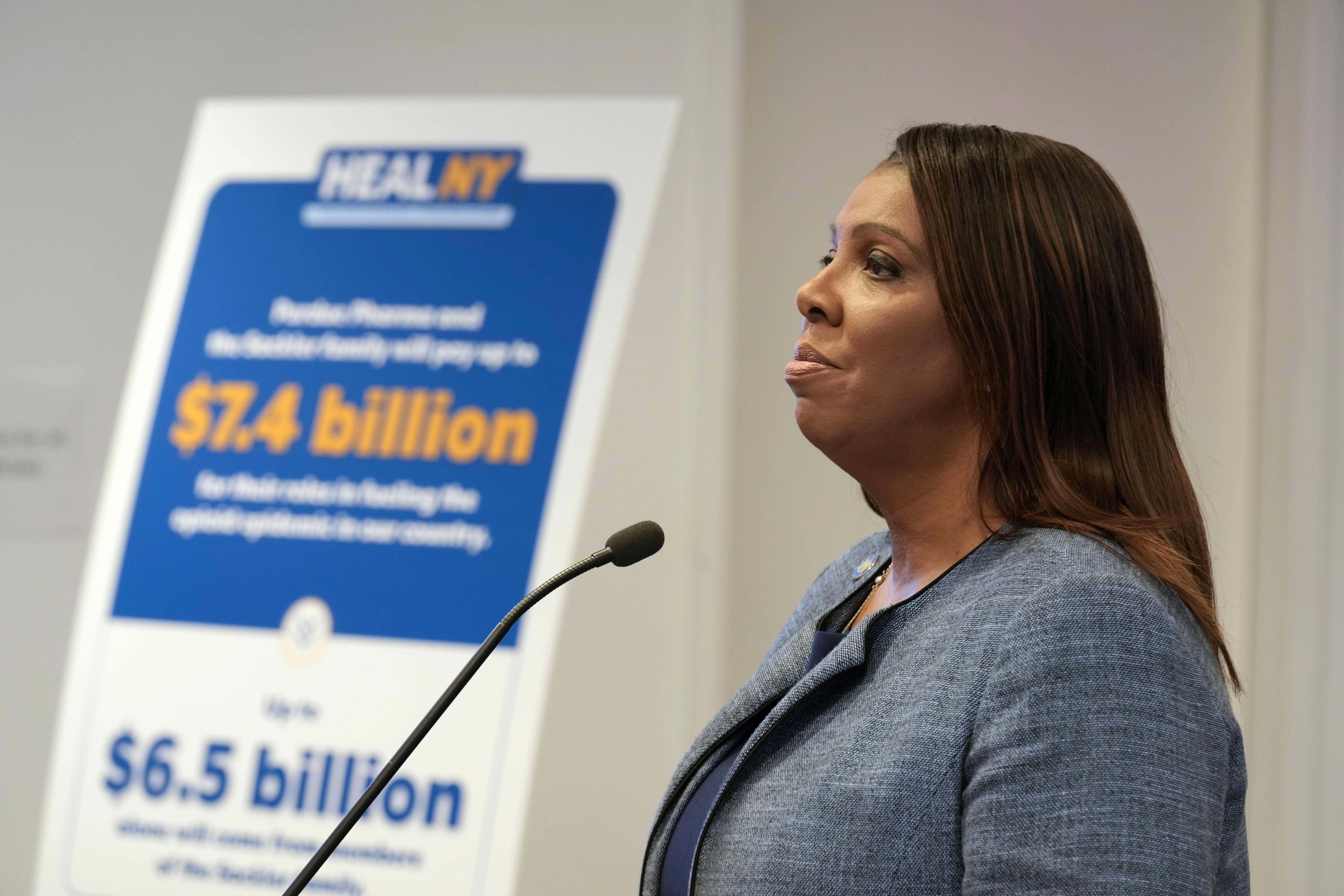 New York Attorney General Letitia James speaks about a settlement with regard to the opioid crisis at a news conference in New York, Thursday, Jan. 23, 2025. (AP Photo/Seth Wenig)