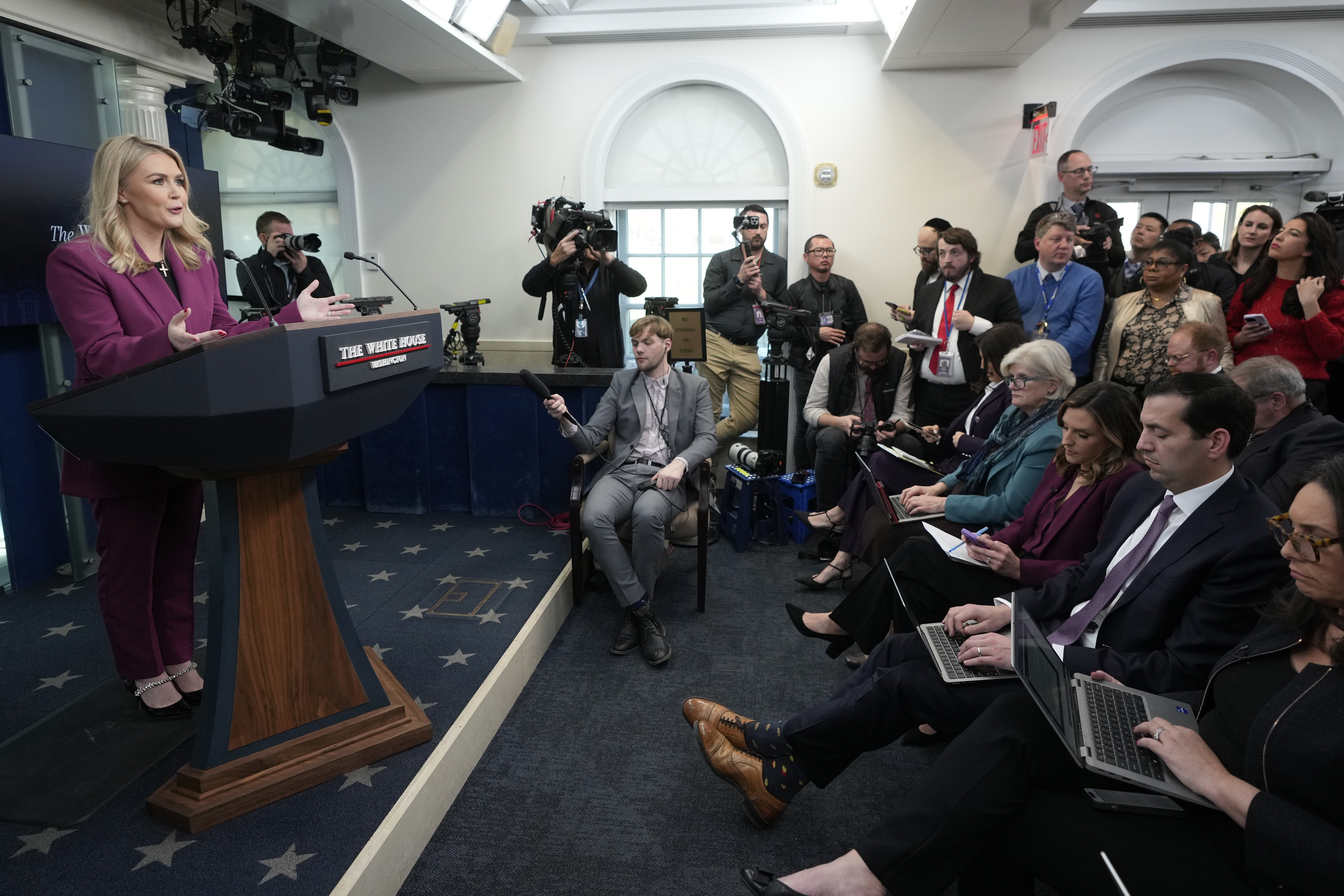 White House press secretary Karoline Leavitt speaks at the daily briefing at the White House in Washington, Tuesday, Jan. 28, 2025. (AP Photo/Ben Curtis)