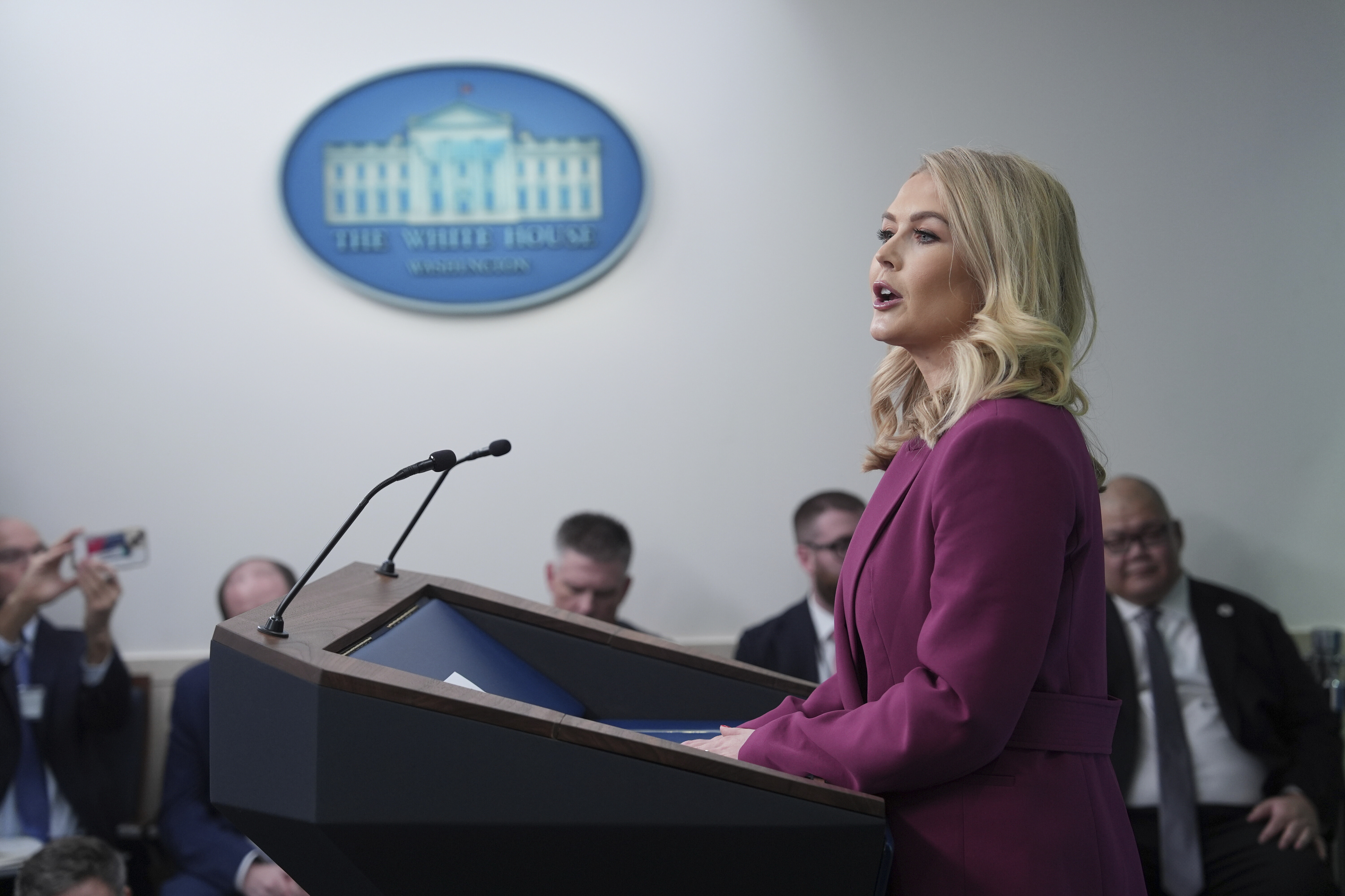 White House press secretary Karoline Leavitt speaks during a briefing at the White House, Tuesday, Jan. 28, 2025, in Washington. (AP Photo/Evan Vucci)