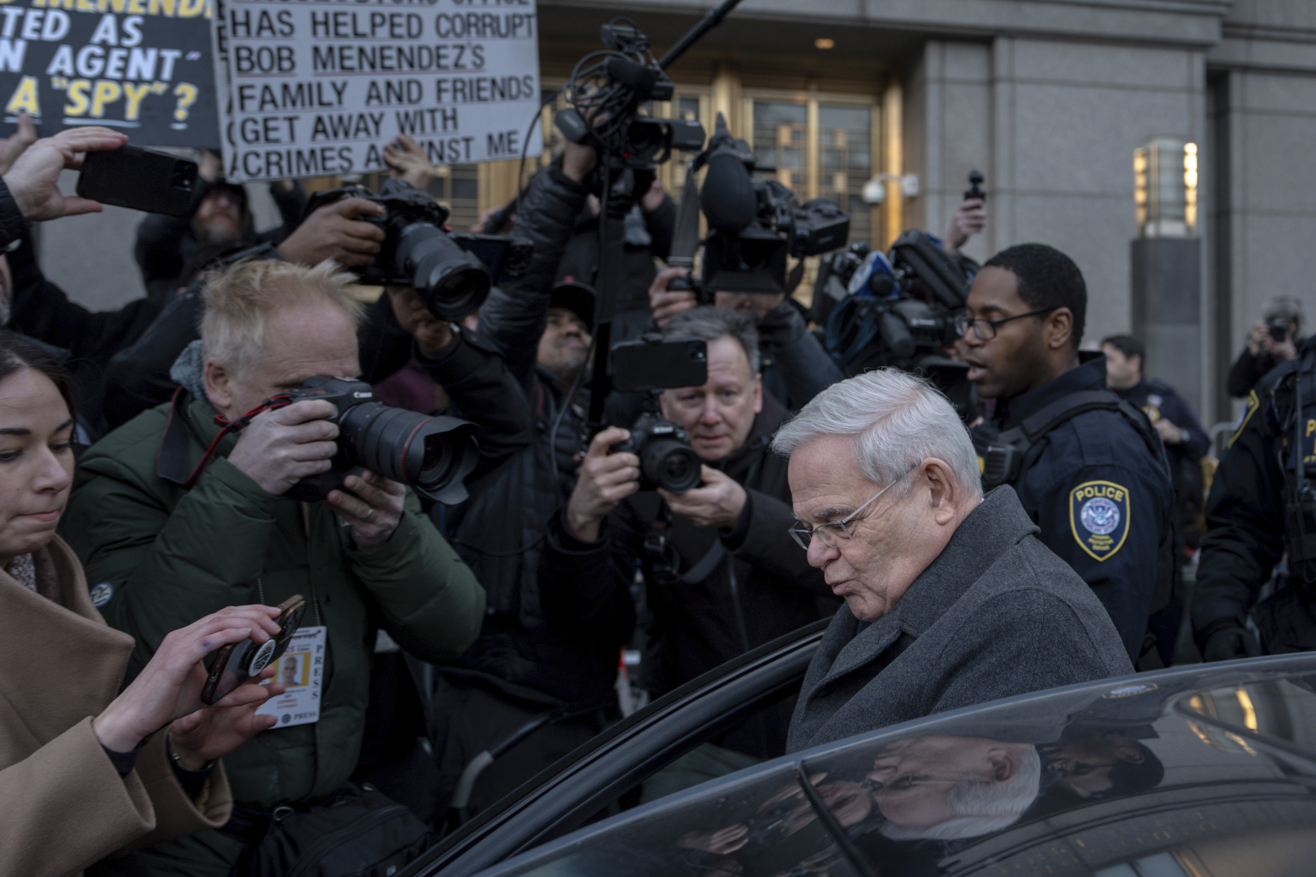 Former U.S. Sen. Bob Menendez, D-N.J., departs Manhattan federal court after his sentencing on a bribery conviction, Wednesday, Jan. 29, 2025, in New York. (AP Photo/Julia Demaree Nikhinson)