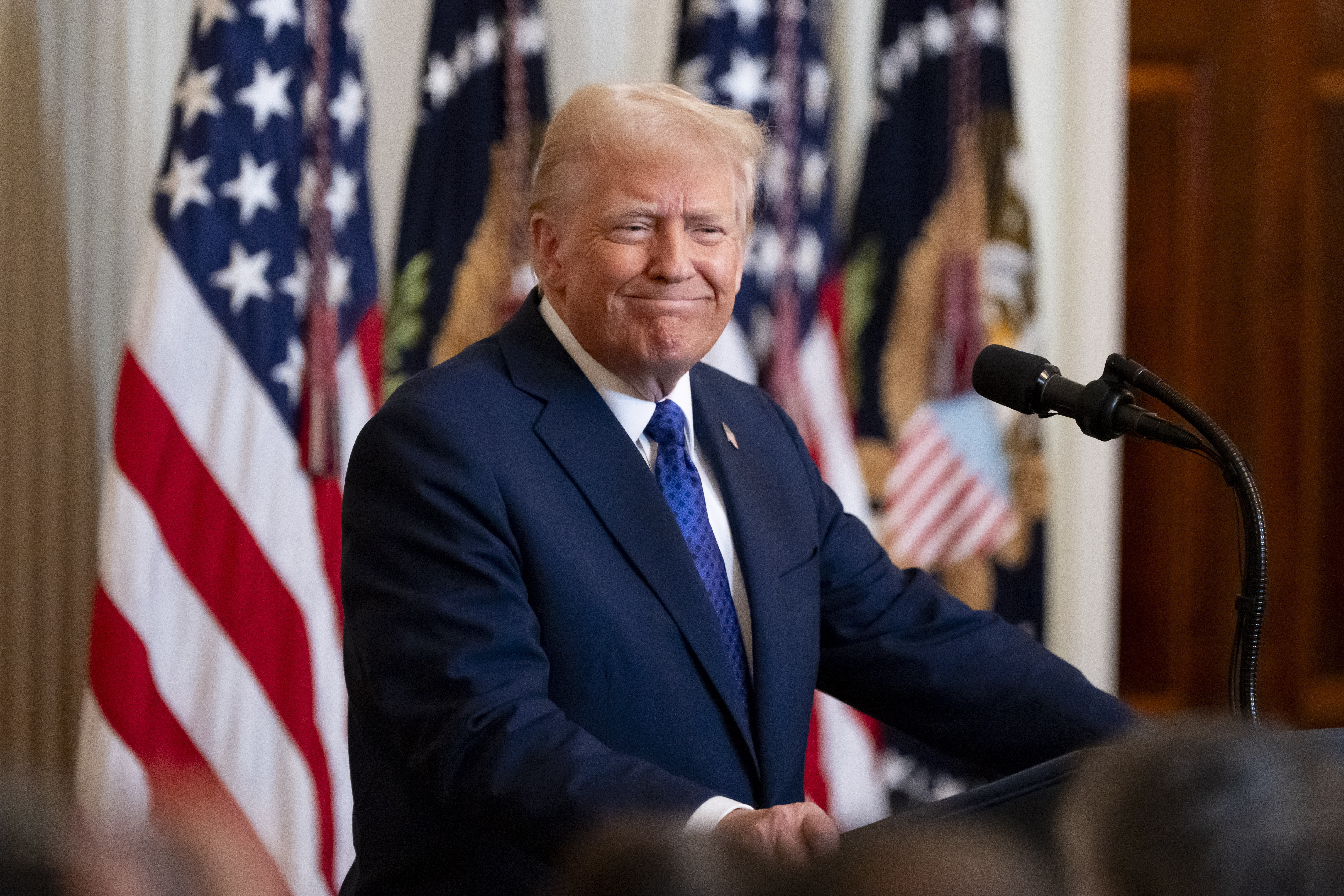 President Donald Trump pauses while speaking before signing the Laken Riley Act in the East Room of the White House, Wednesday, Jan. 29, 2025, in Washington. (AP Photo/Alex Brandon)