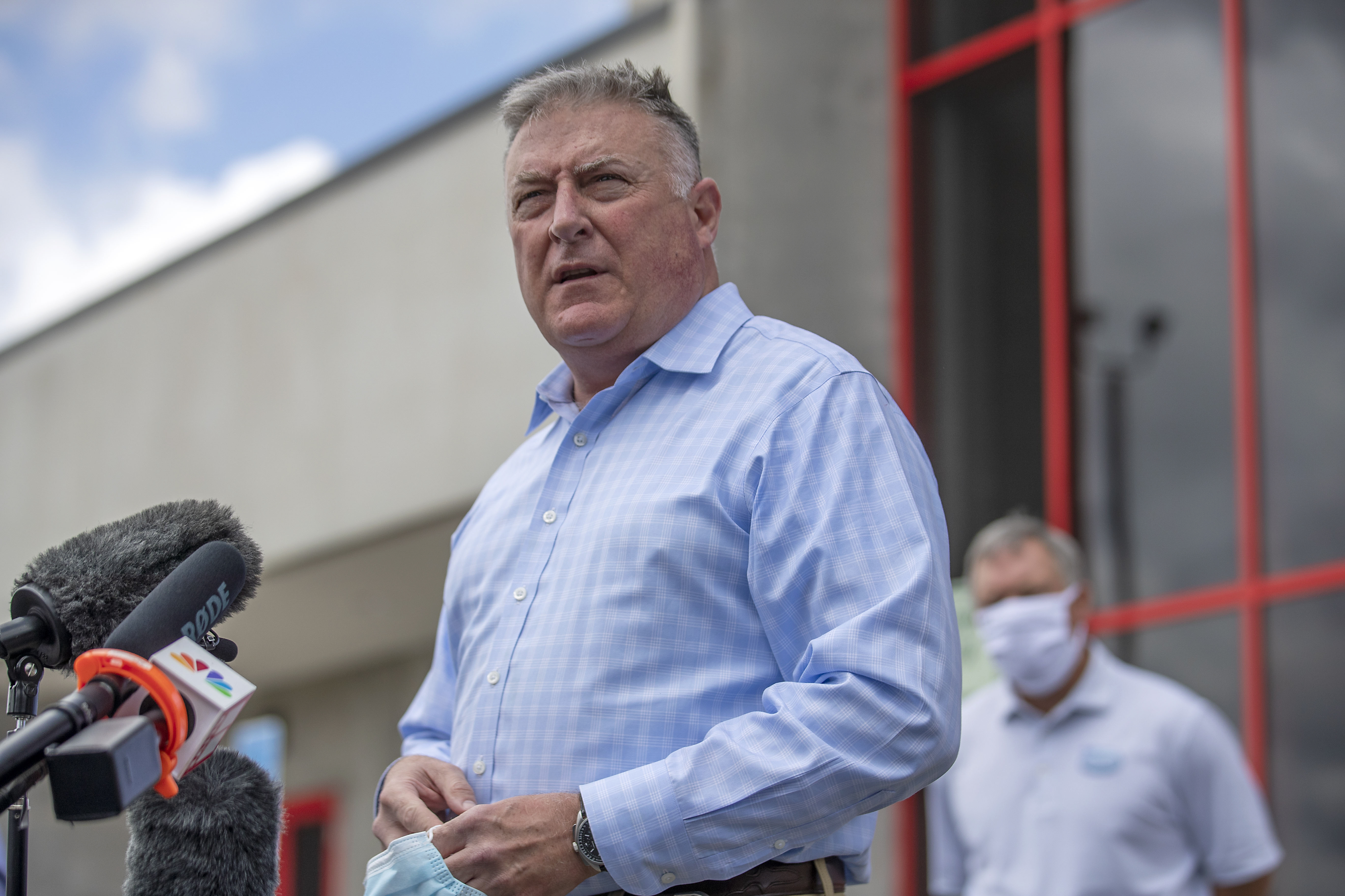 FILE - Georgia Insurance and Safety Fire Commissioner John King makes a statement and answers questions from the media following a tour of Fieldale Farms while visiting Gainesville, Ga., May 15, 2020. (Alyssa Pointer/Atlanta Journal-Constitution via AP, FILE)