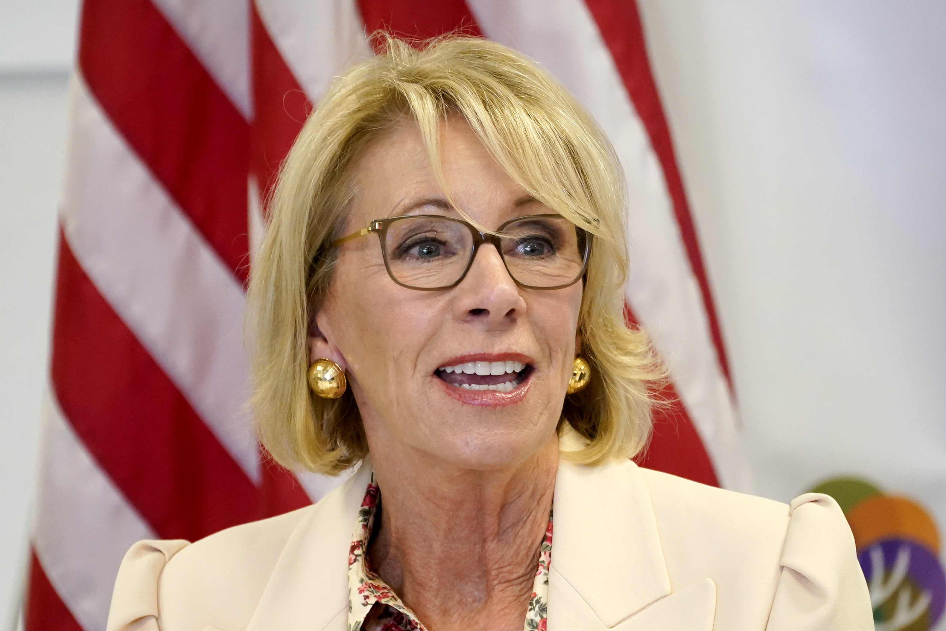 FILE - In this Oct. 15, 2020, file photo Secretary of Education Betsy DeVos speaks at the Phoenix International Academy in Phoenix. (AP Photo/Matt York, File)