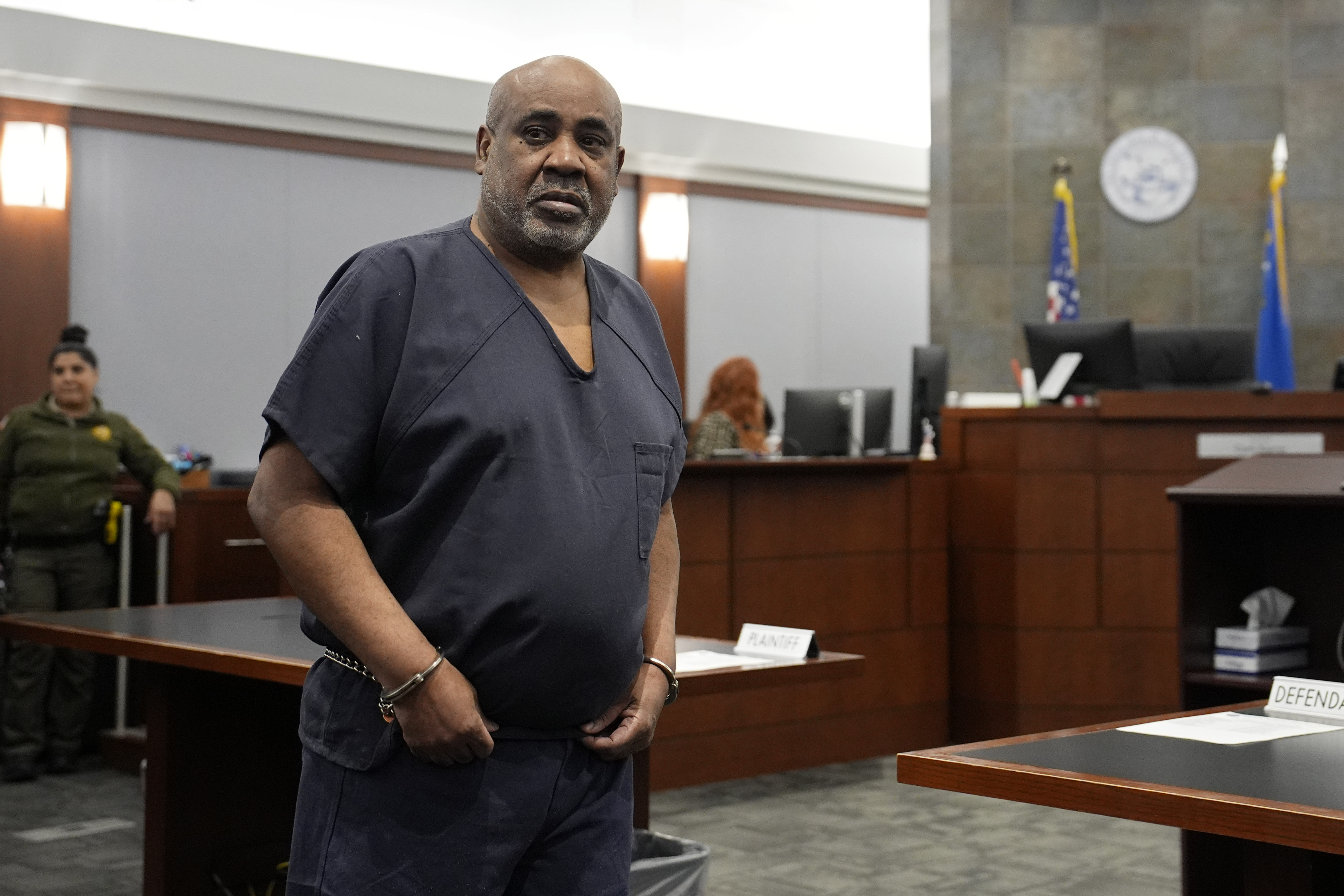 Duane "Keffe D" Davis walks into District Court for a status check on trial readiness for his involvement in the 1996 killing of rapper Tupac Shakur, Tuesday, Feb. 18, 2025, in Las Vegas. (AP Photo/John Locher, Pool)